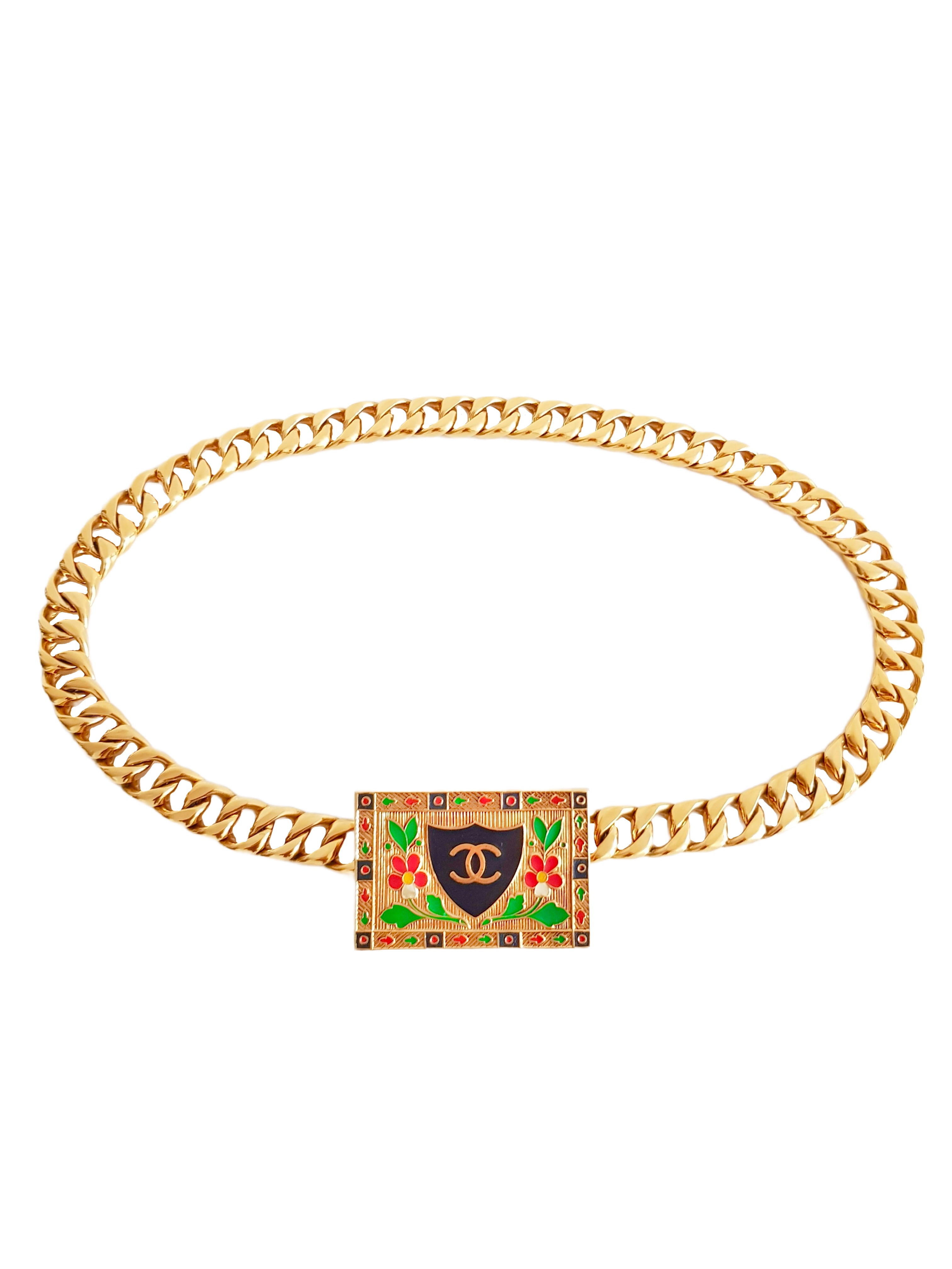 CHANEL SPRING / SUMMER 1988 GOLD PLATED CC LOGO ENAMEL FLORAL GARDEN IMAGERY PLAQUE CHAIN BELT