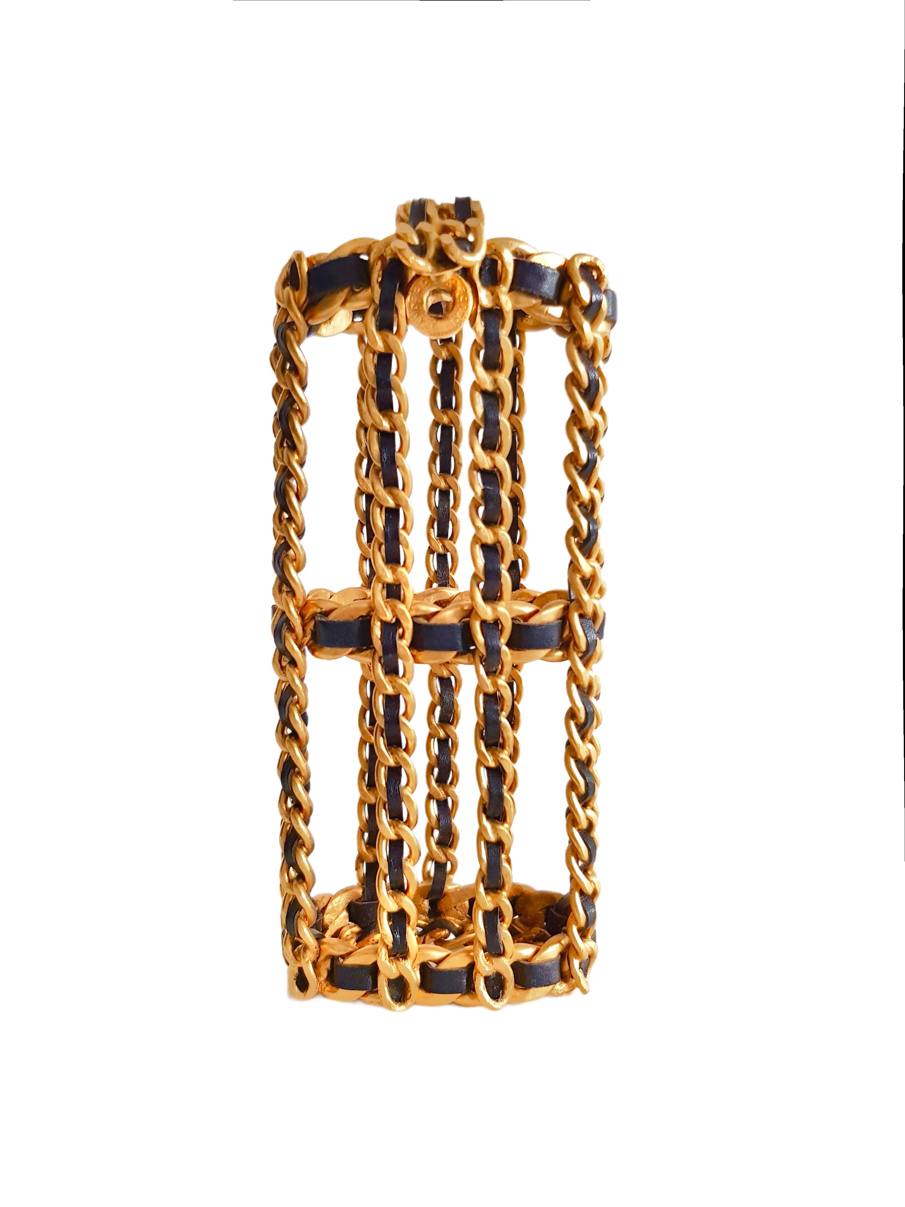 CHANEL FALL / WINTER 1994 GOLD PLATED BLACK ENTWINED LEATHER MOBILE PHONE CAGE