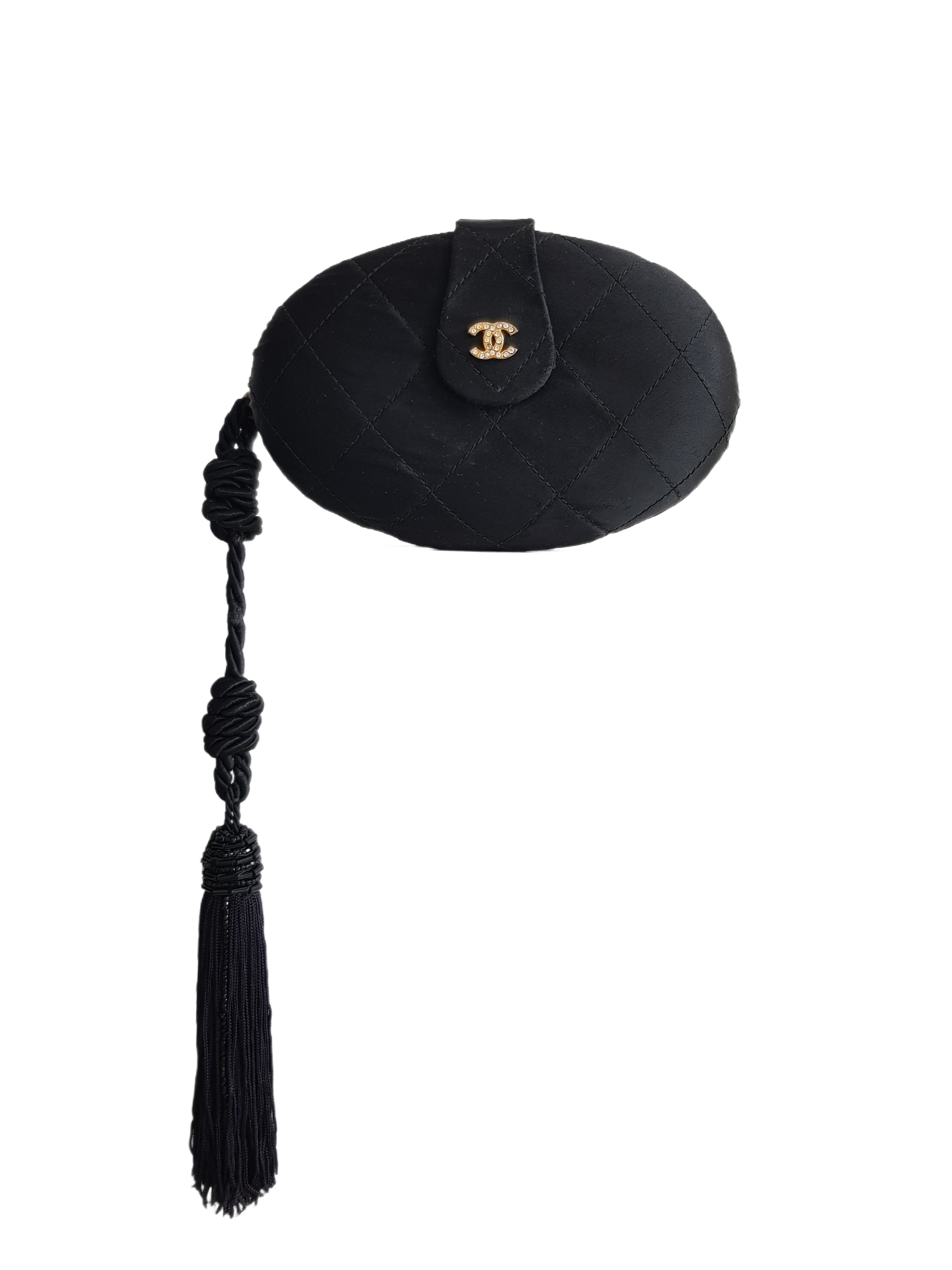 CHANEL 1994-1996 (3 SERIES) BLACK SATIN QUILTED GOLD PLATED RHINESTONE CRYSTAL CC LOGO TASSEL MINAUDIERE