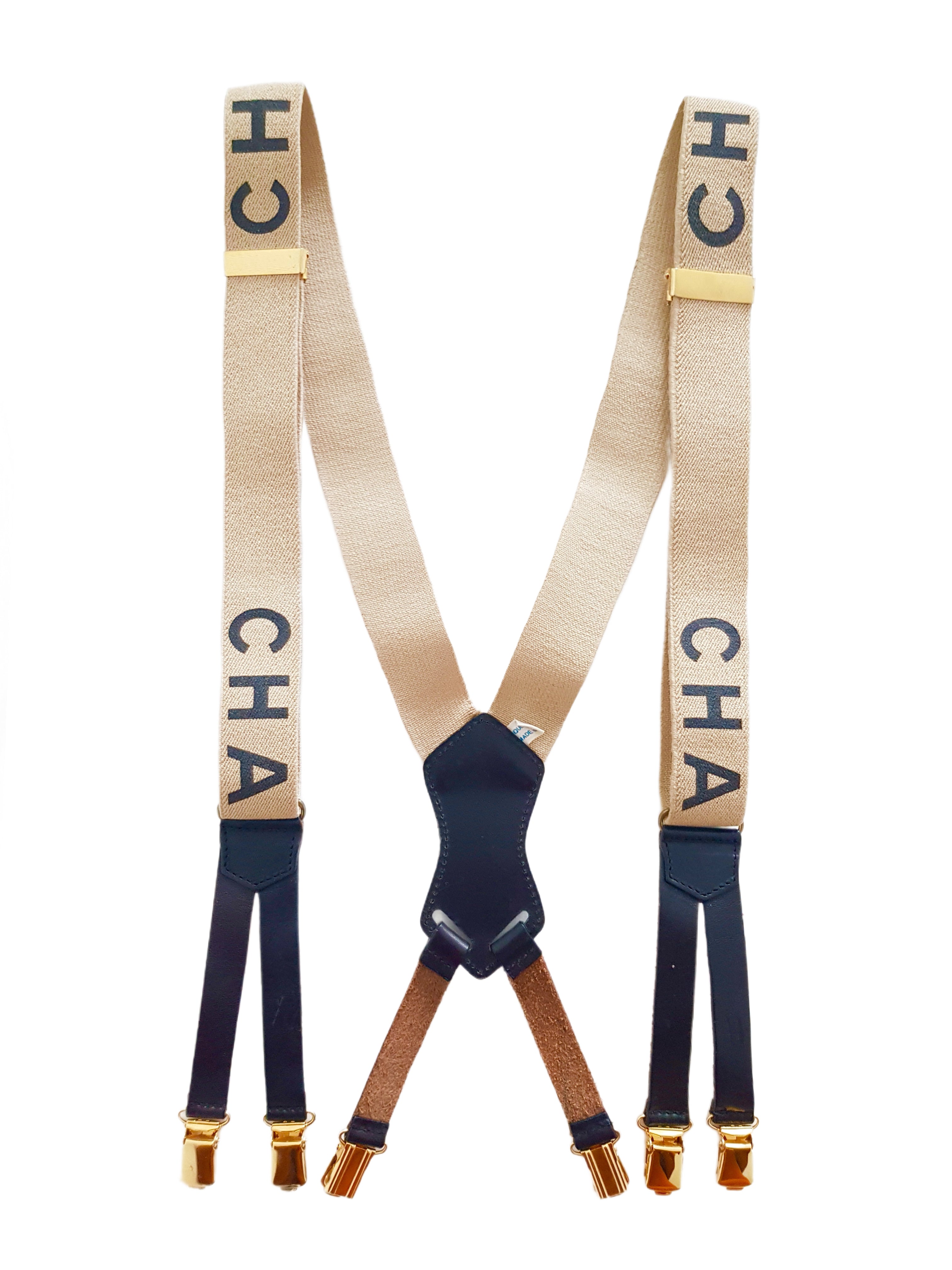 CHANEL FALL / WINTER 1994 BEIGE CANVAS BLACK SPELLOUT LOGO SUSPENDERS