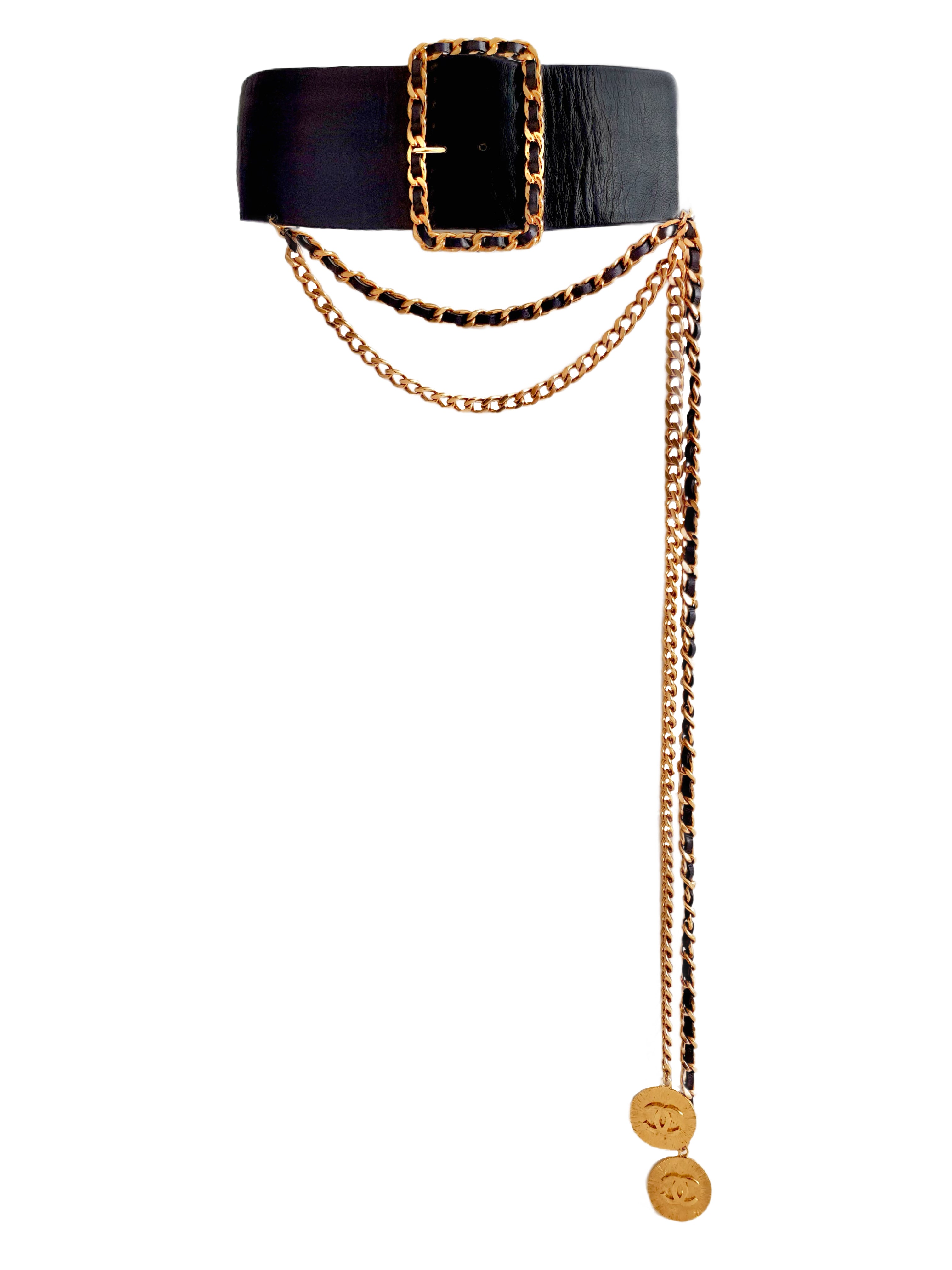 CHANEL SPRING / SUMMER 1992 (COLLECTION 92) BLACK LEATHER WIDE CC LOGO MEDALLION TWO-CHAIN BELT