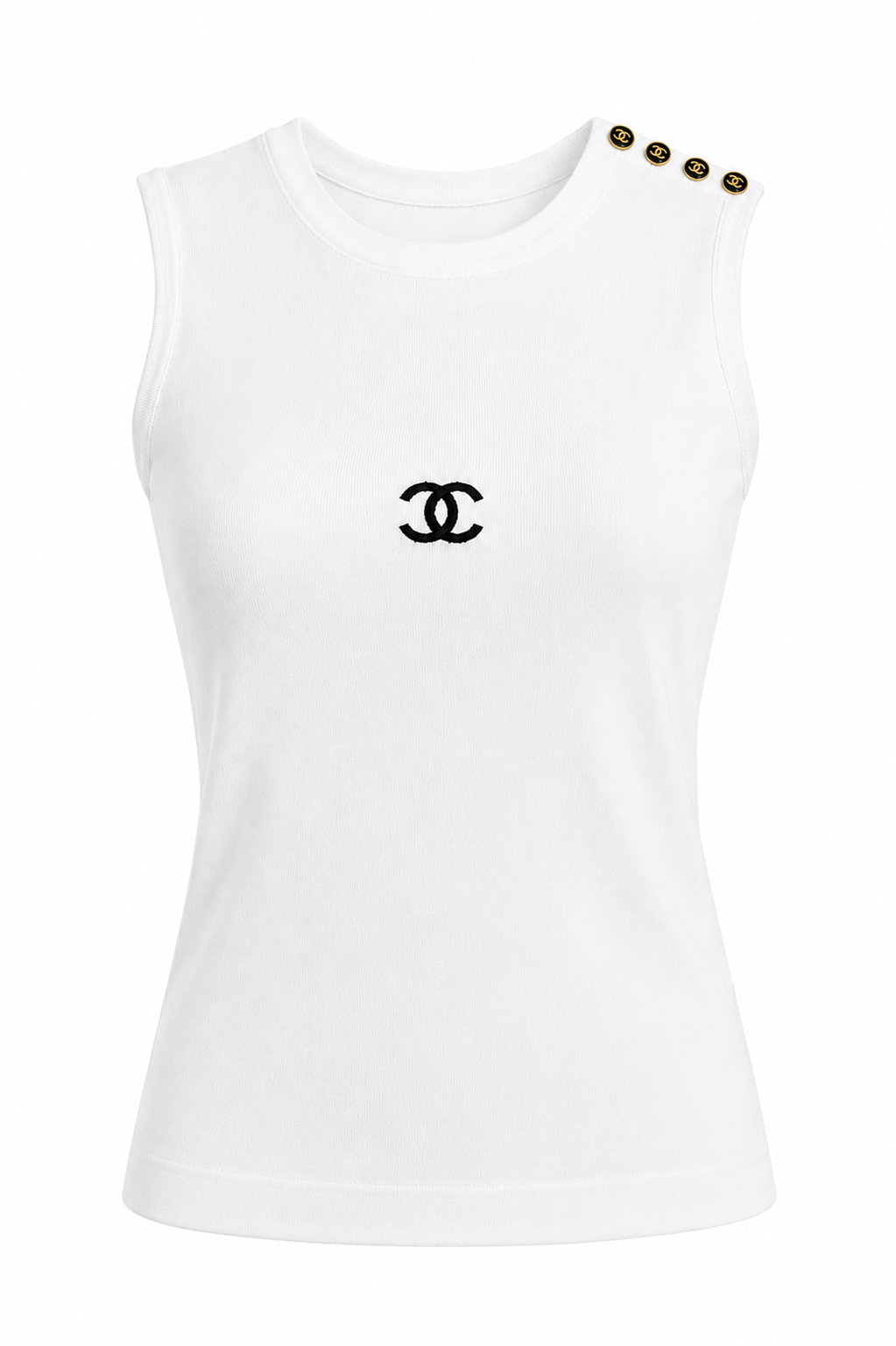 CHANEL 1990'S WHITE COTTON BLACK EMBROIDERED CC LOGO TANK TOP