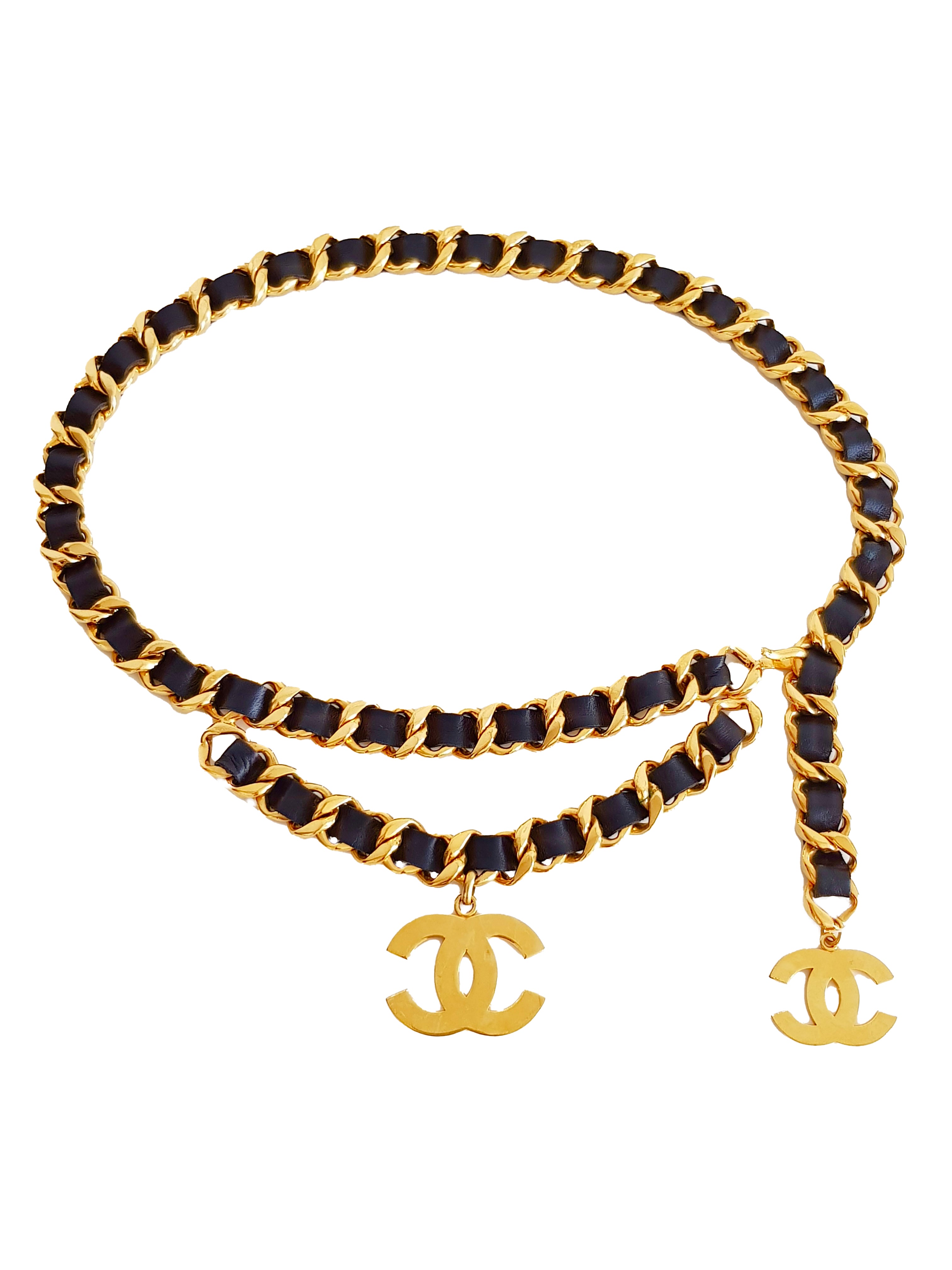 CHANEL SPRING / SUMMER 1992 (COLLECTION 28) GOLD PLATED CC LOGO MEDALLION BLACK LEATHER ENTWINED CHAIN BELT