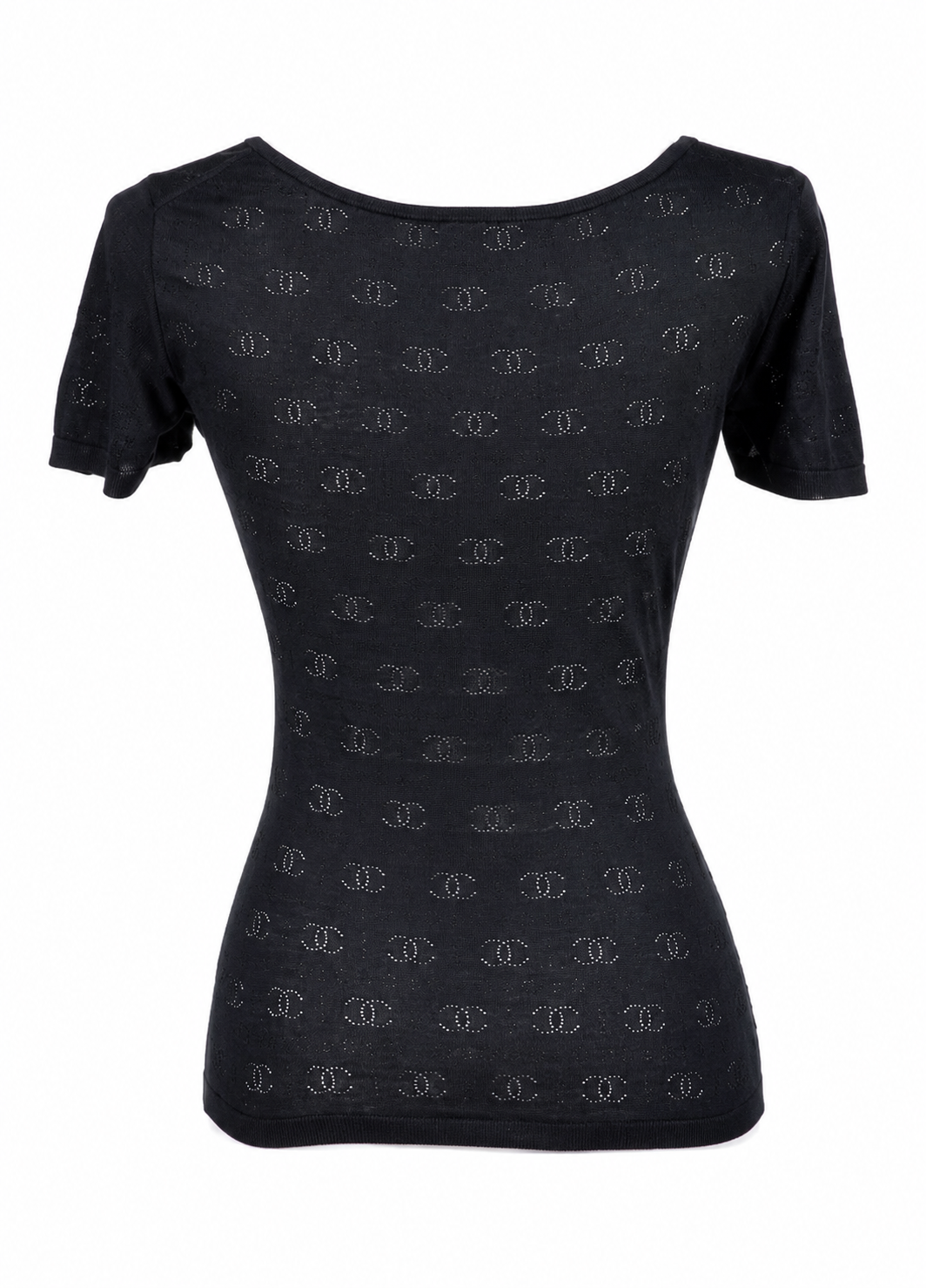 CHANEL 1990'S BLACK COTTON CC LOGO SHORT SLEEVE TOP