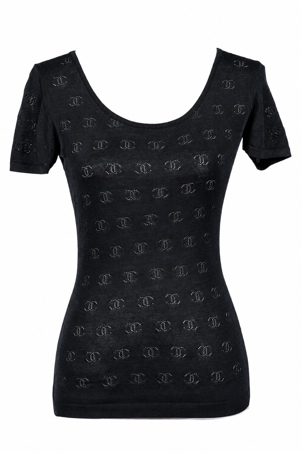 CHANEL 1990'S BLACK COTTON CC LOGO SHORT SLEEVE TOP