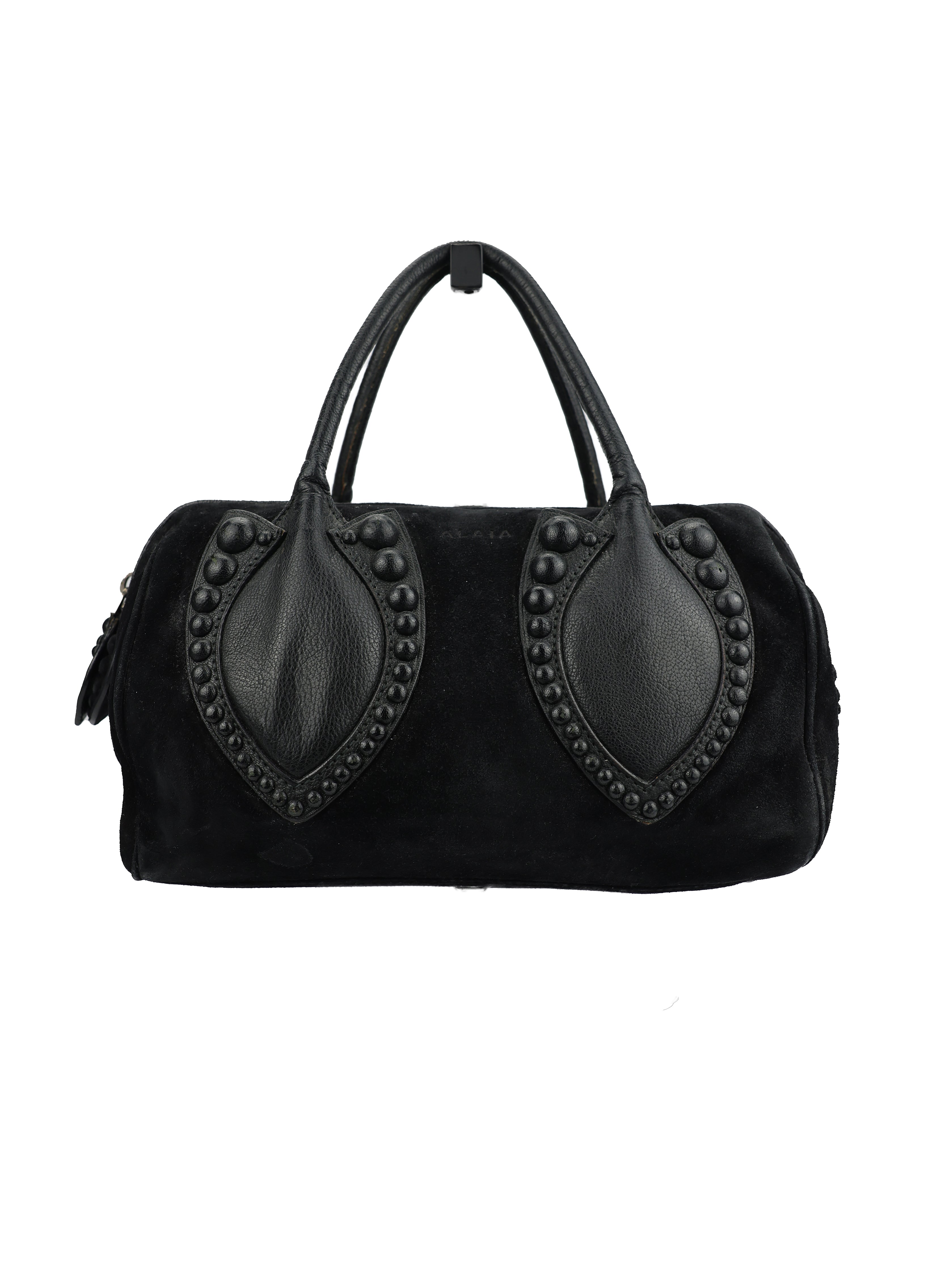 ALAIA BLACK SUEDE STUDDED BOWLER HANDBAG