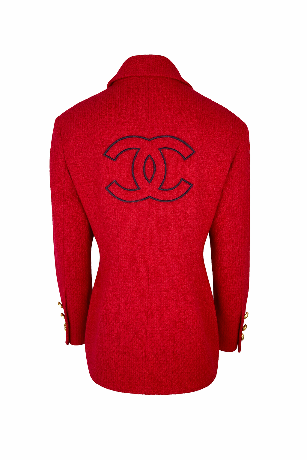 CHANEL FALL / WINTER 1992 RED WOOL TWEED EMBROIDERED CC LOGO DOUBLE BREASTED LONG SLEEVE JACKET
