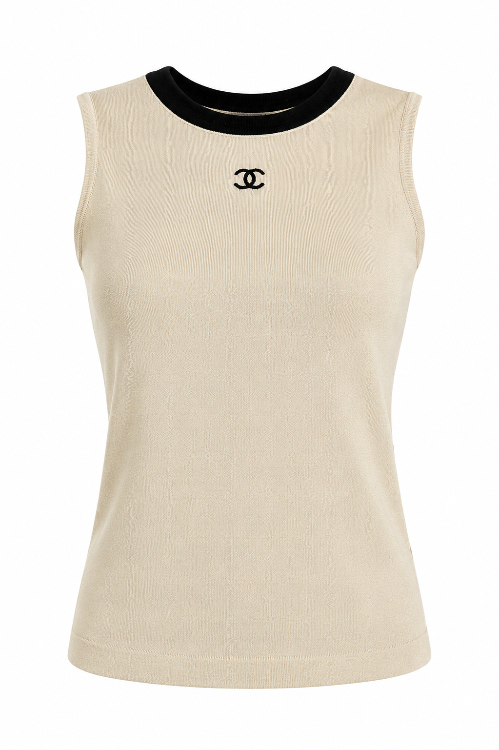 CHANEL 1990'S BEIGE COTTON BLACK EMBROIDERED CC LOGO TANK TOP