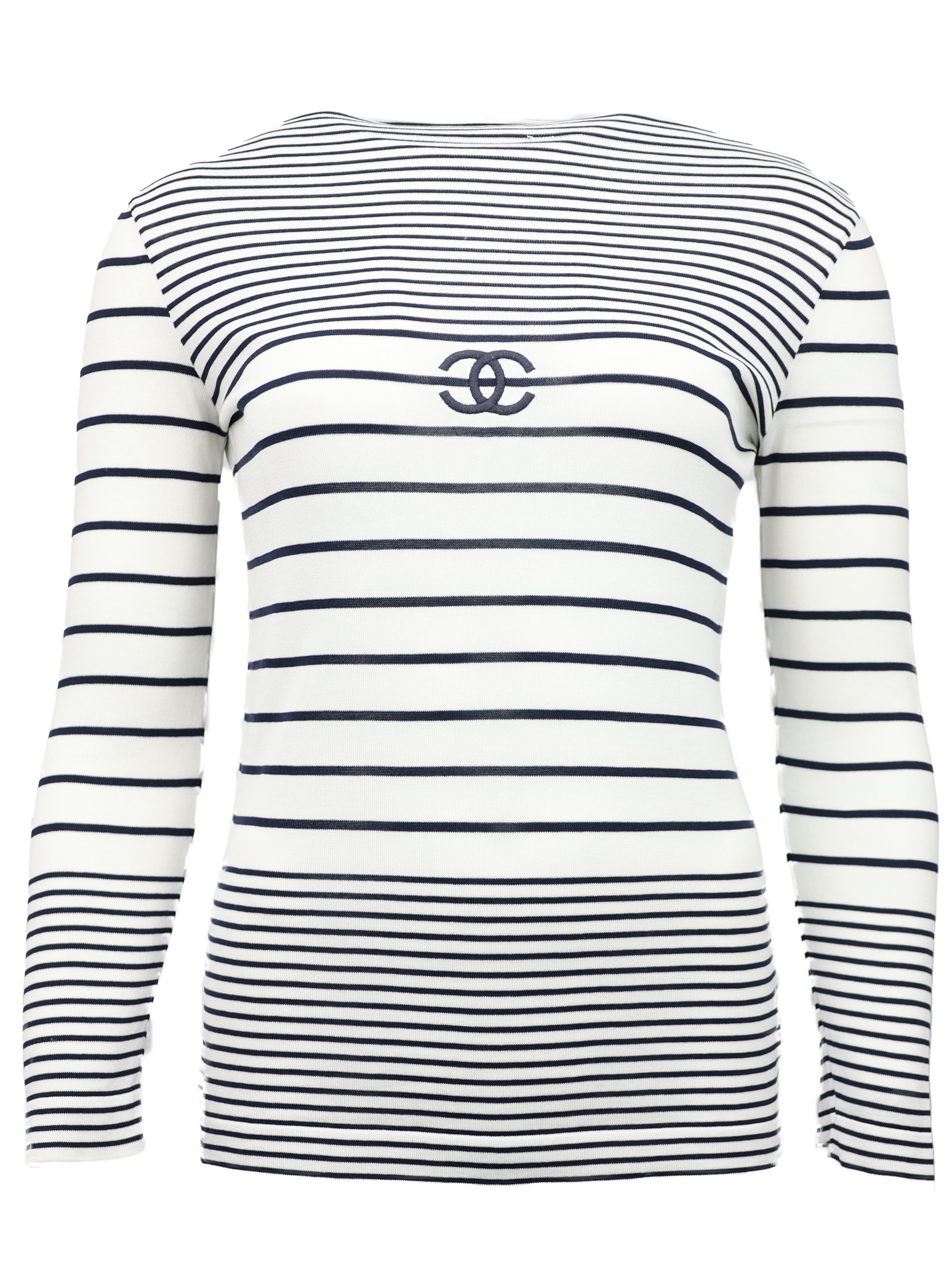 CHANEL SPRING/SUMMER 1994 (94P) WHITE BLUE STRIPED COTTON BOAT NECKLINE LONG SLEEVE TOP