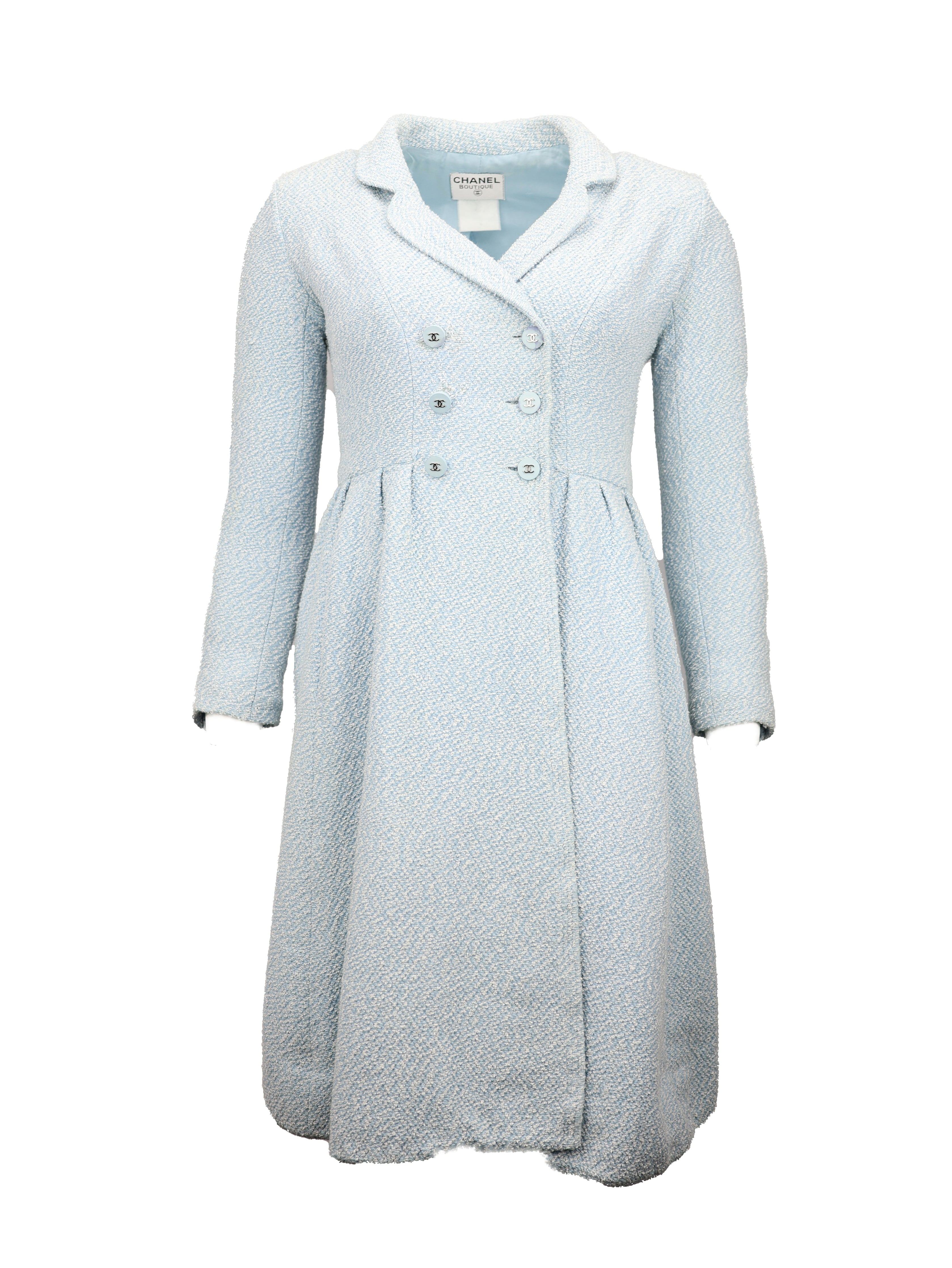 CHANEL SPRING/SUMMER 1996 (94P) BLUE TWEED DOUBLE BREASTED LONG SLEEVE DRESS