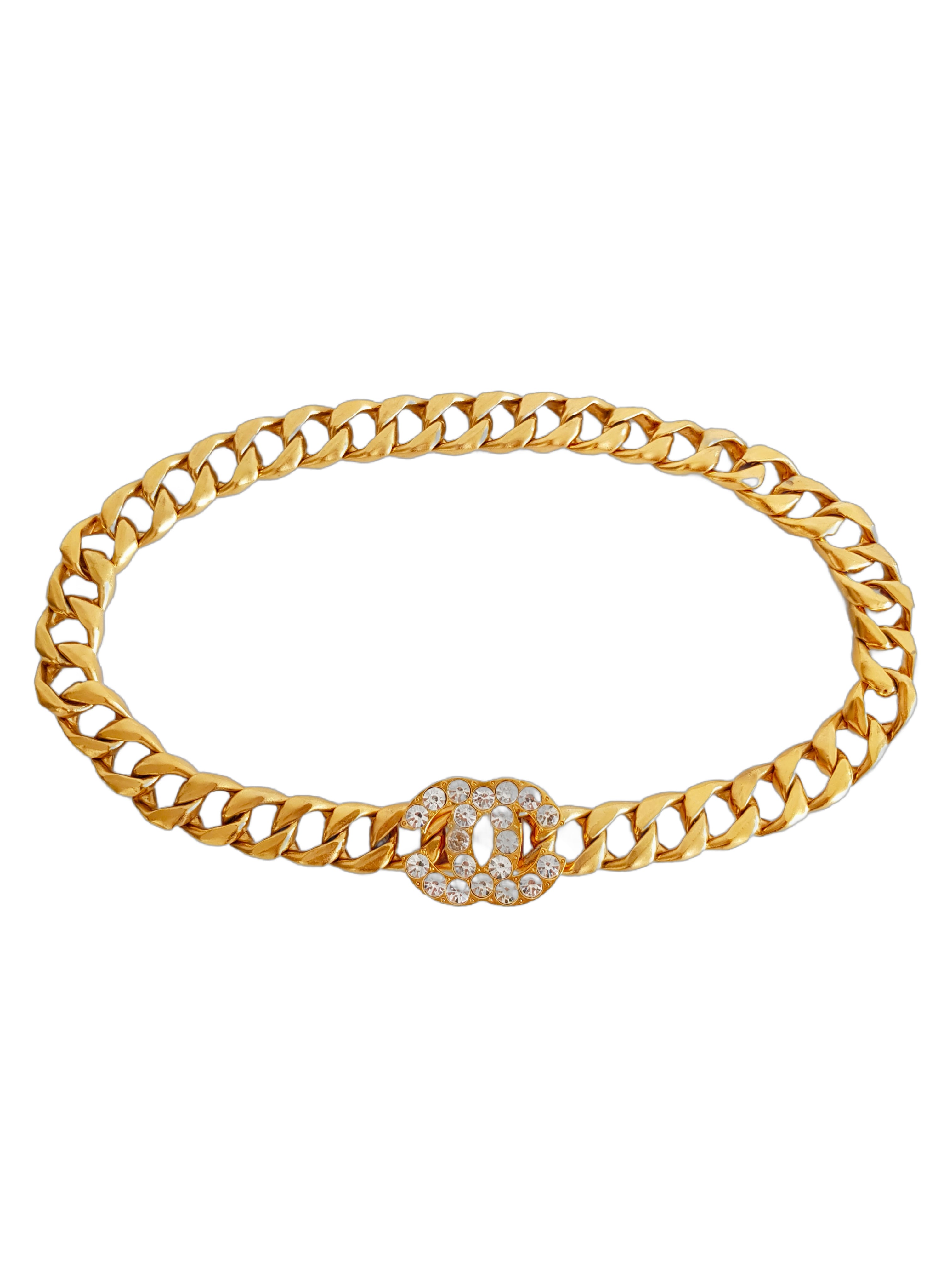 CHANEL SPRING / SUMMER 1995 (95P) 'BARBIE COLLECTION' GOLD PLATED RHINESTONE ENCRUSTED CC LOGO CHAIN BELT