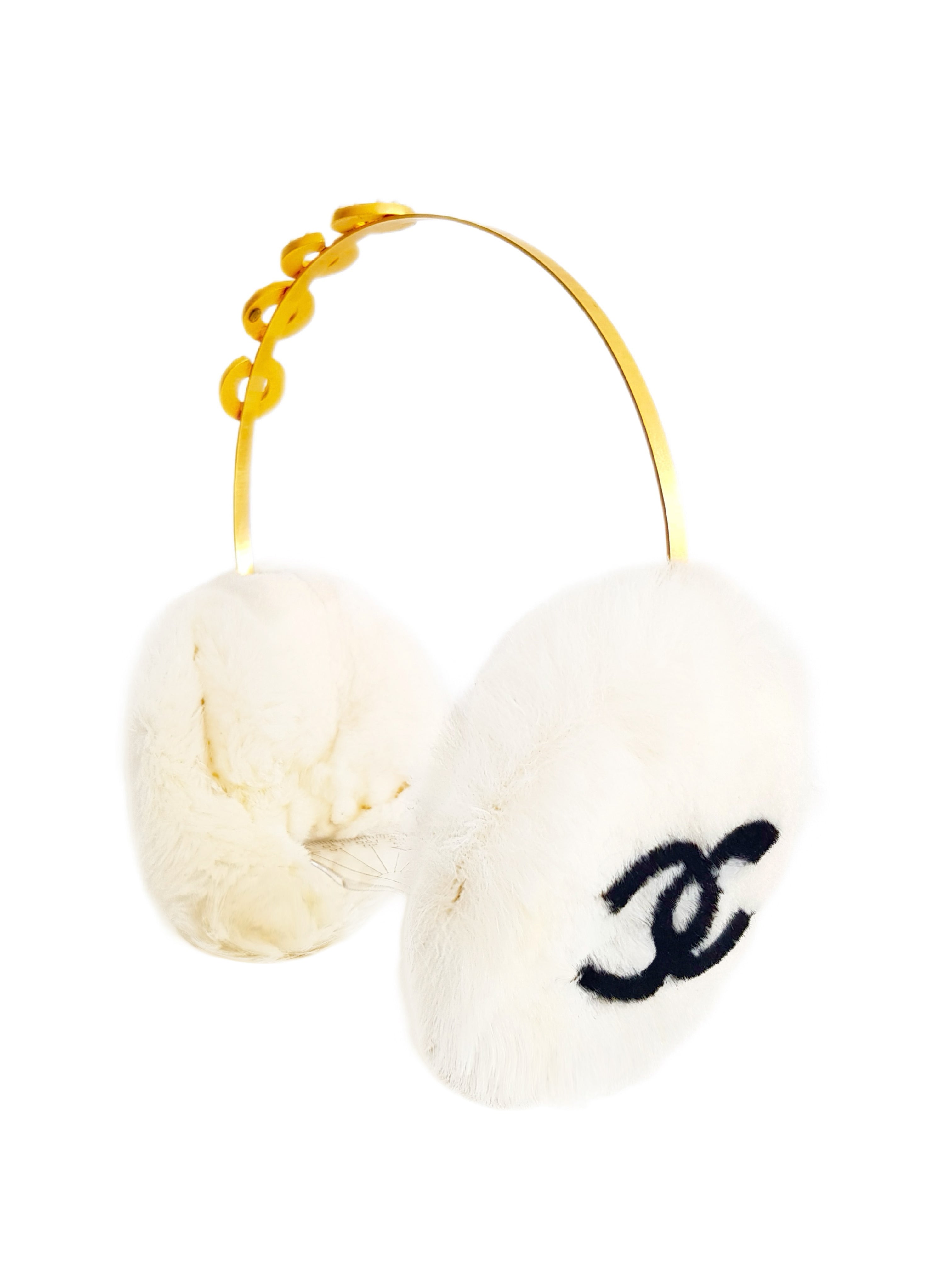 CHANEL FALL / WINTER 2001 (01A) WHITE RABBIT FUR BLACK CC LOGO PEARL 'COCO' EARMUFFS