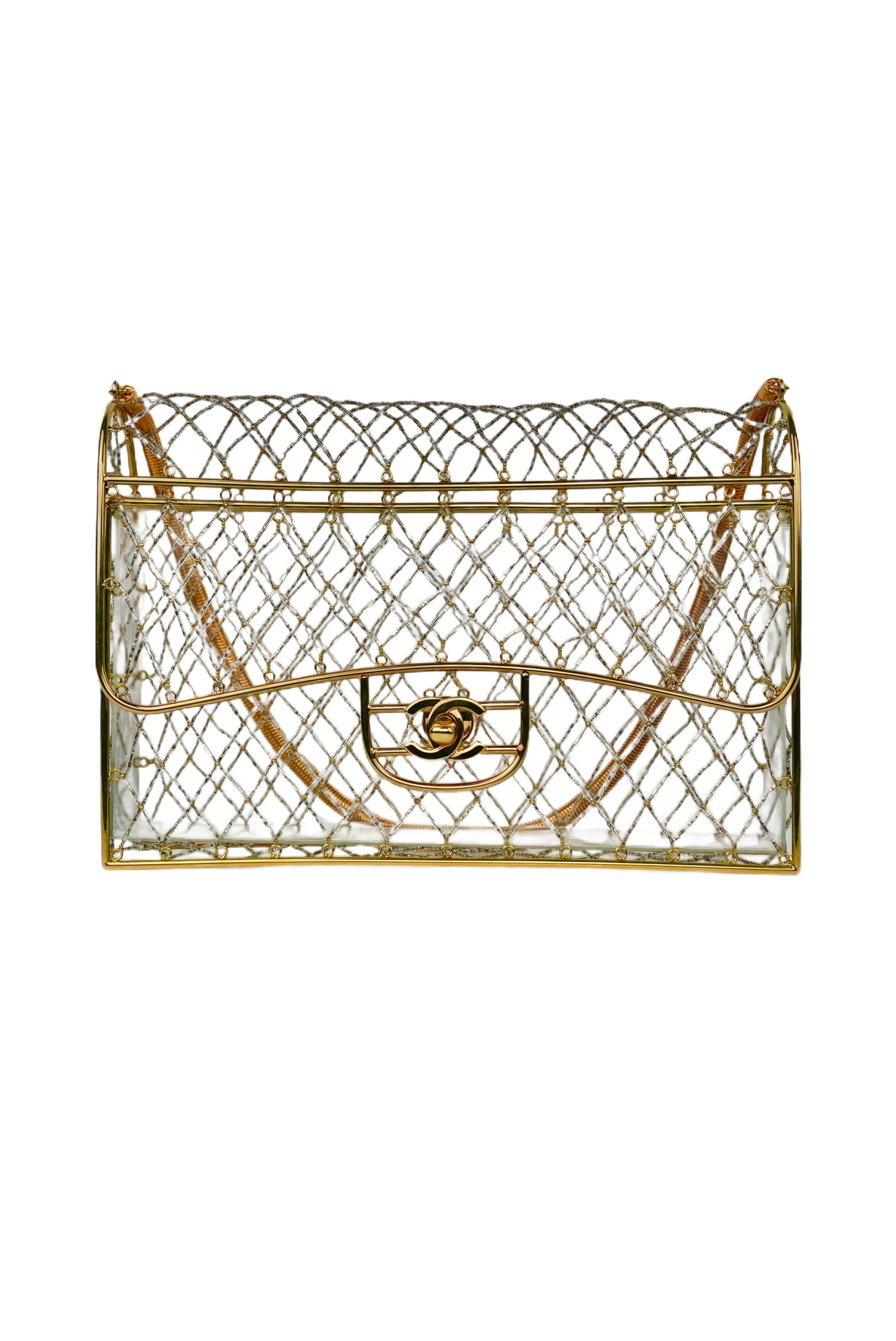 CHANEL SPRING / SUMMER 1997 GOLD PLATED METAL BEADED CAGE TIMELESS CLASSIC FLAP BAG