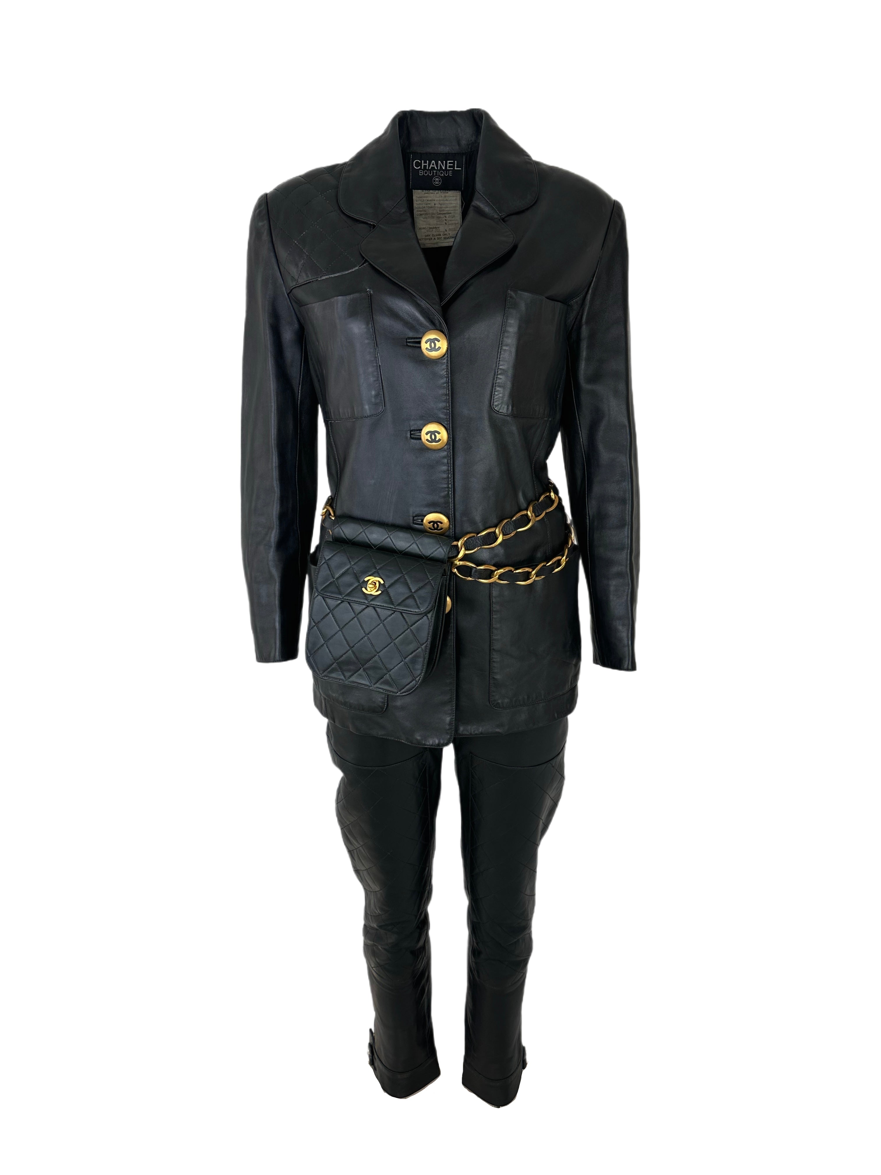 CHANEL FALL / WINTER 1992 (COLLECTION 29) BLACK DIAMOND QUILTED LEATHER CC LOGO BUTTON LONG SLEEVE JACKET