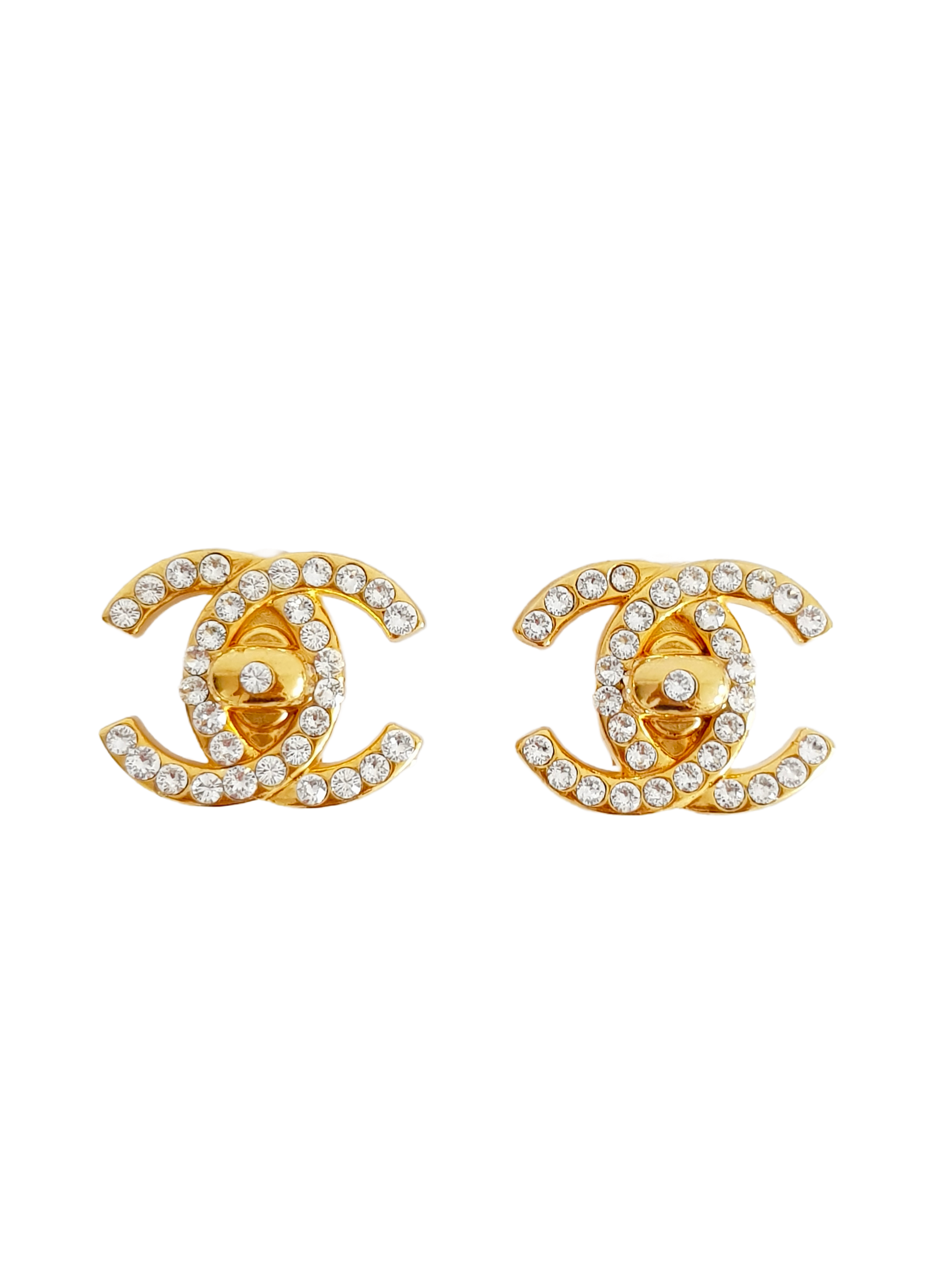 CHANEL FALL / WINTER 1996 (96A) GOLD PLATED RHINESTONE CRYSTAL EXCRUSTED CC LOGO TURNLOCK CLIP-ON EARRINGS