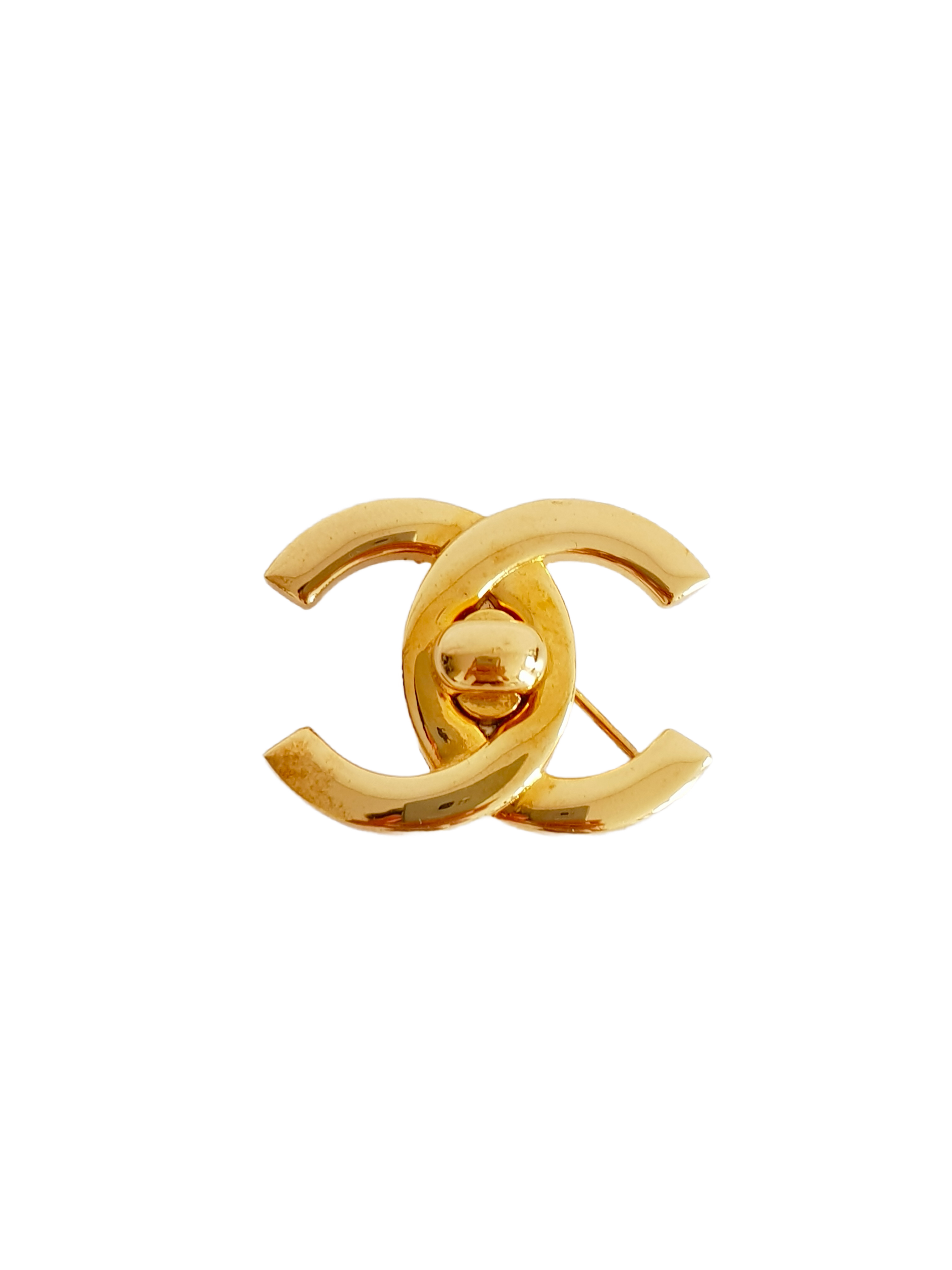 CHANEL SPRING / SUMMER 1996 (96A) GOLD PLATED CC LOGO TURNLOCK PIN BROOCH