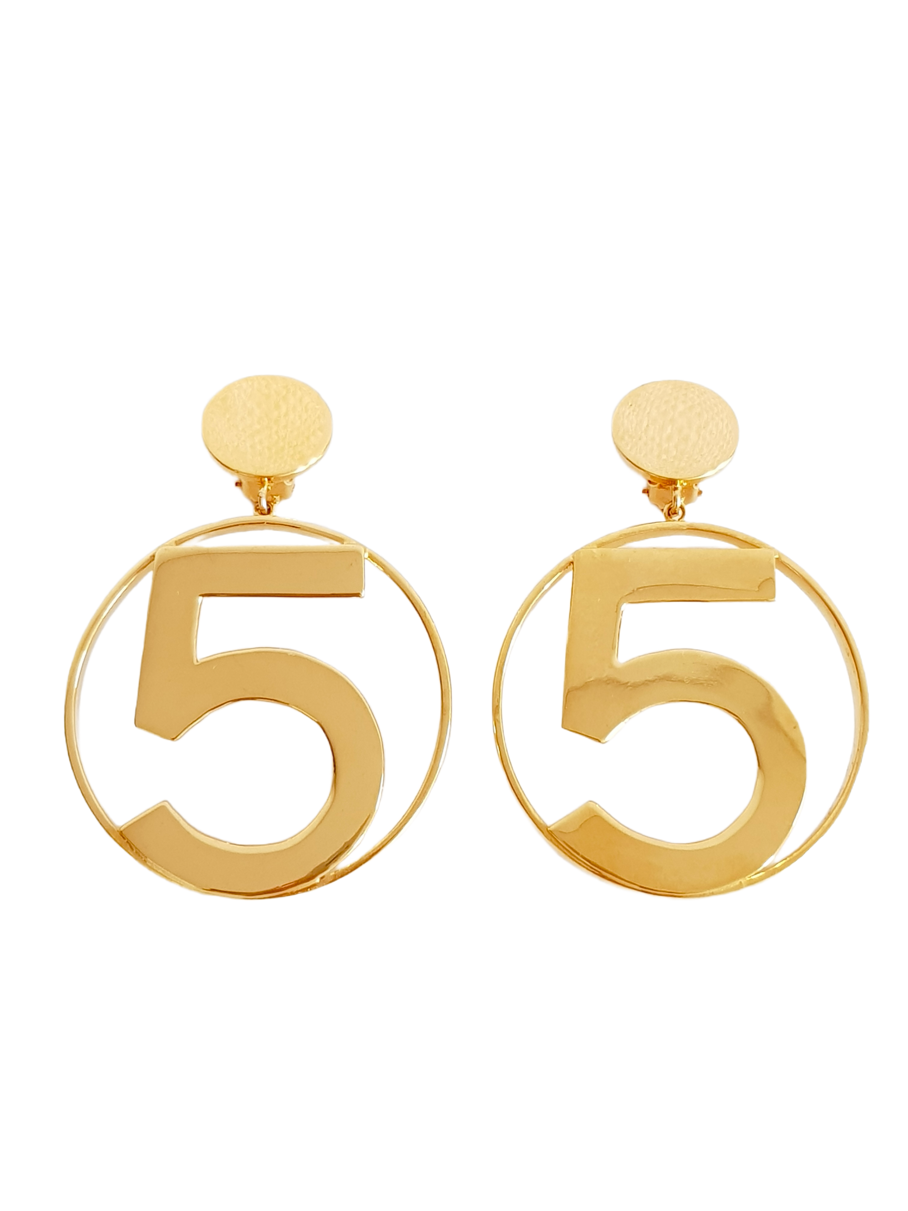 CHANEL SPRING / SUMMER 1986 GOLD PLATED NO. 5 XL CLIP-ON HOOP EARRINGS