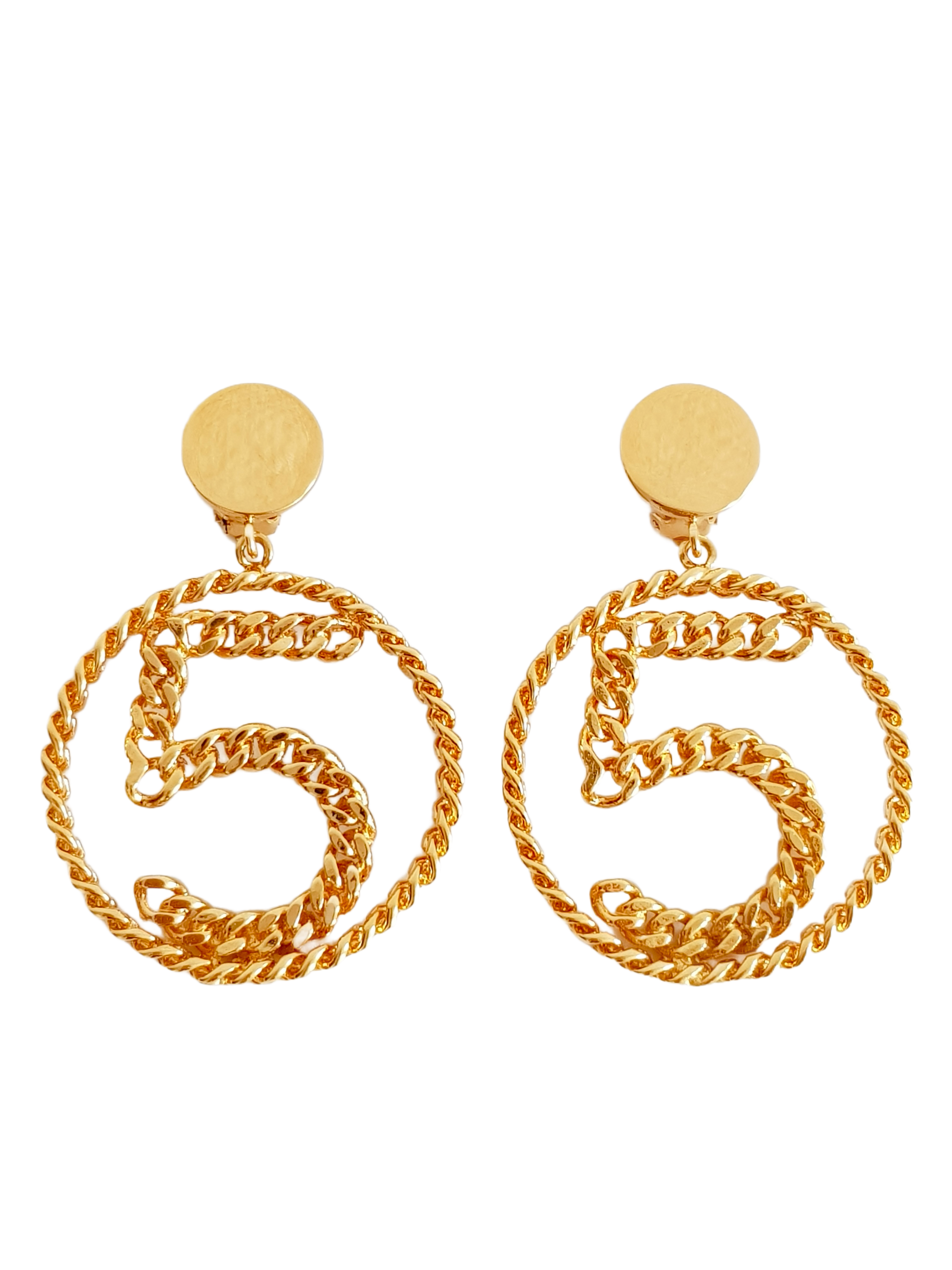 CHANEL SPRING / SUMMER 1986 GOLD PLATED NO. 5 CHAIN XL CLIP-ON HOOP EARRINGS