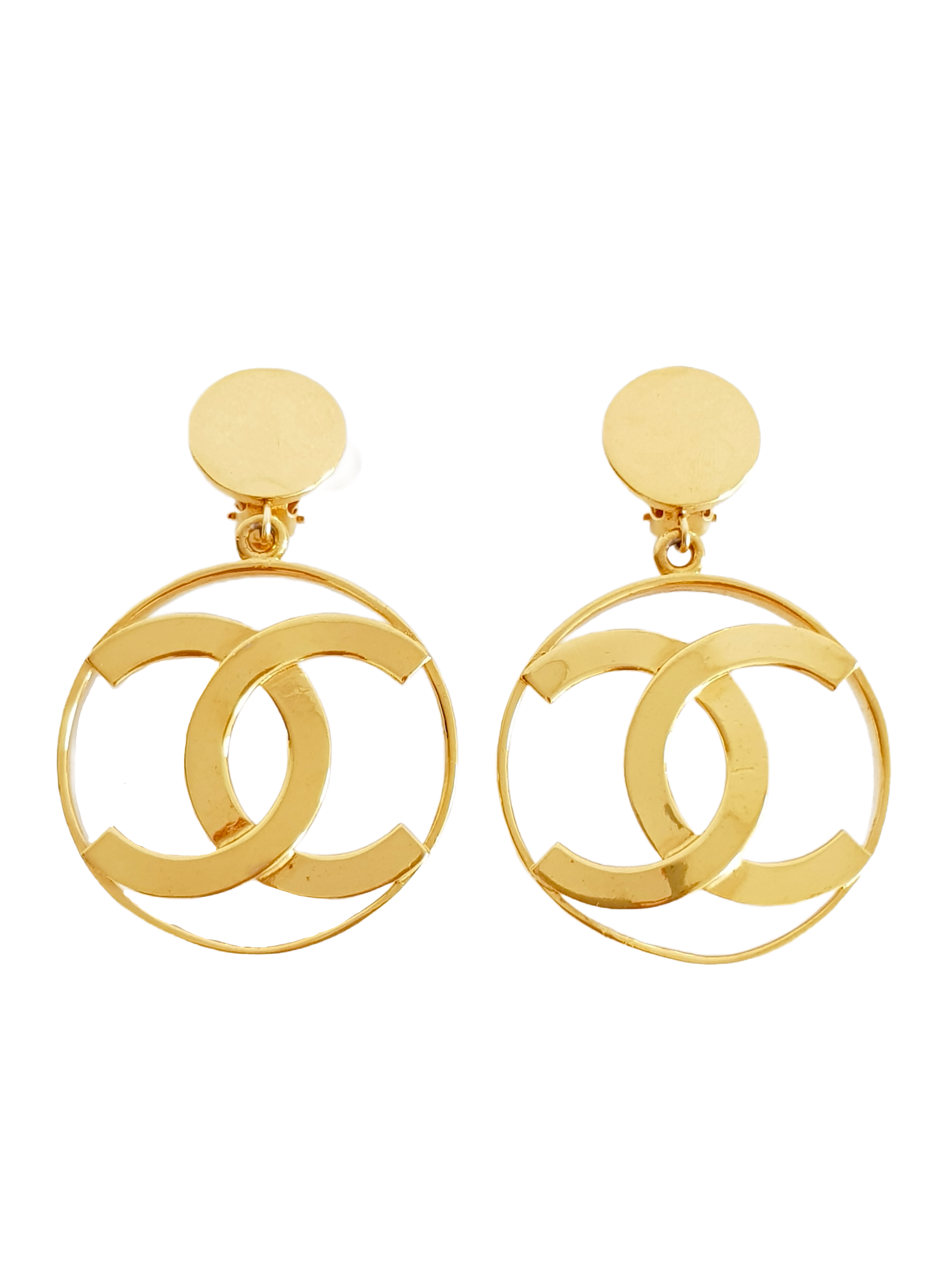 CHANEL SPRING / SUMMER 1986 GOLD PLATED CC LOGO XL CLIP-ON HOOP EARRINGS