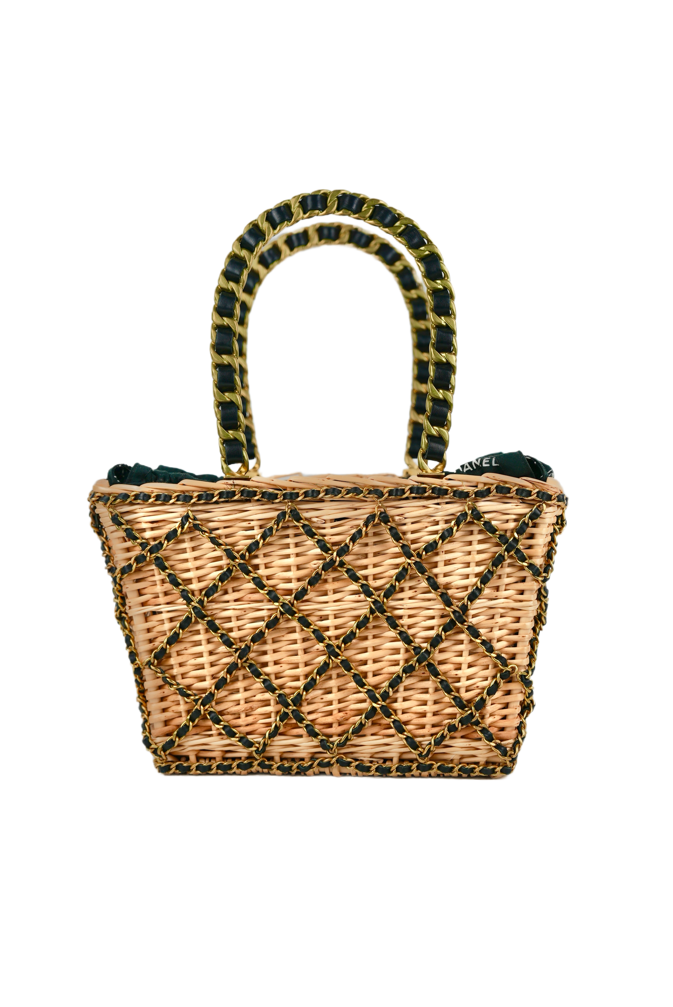 CHANEL SPRING / SUMMER 1994 BEIGE WICKER BLACK ENTWINED LEATHER TOP HANDLE BASKET BAG