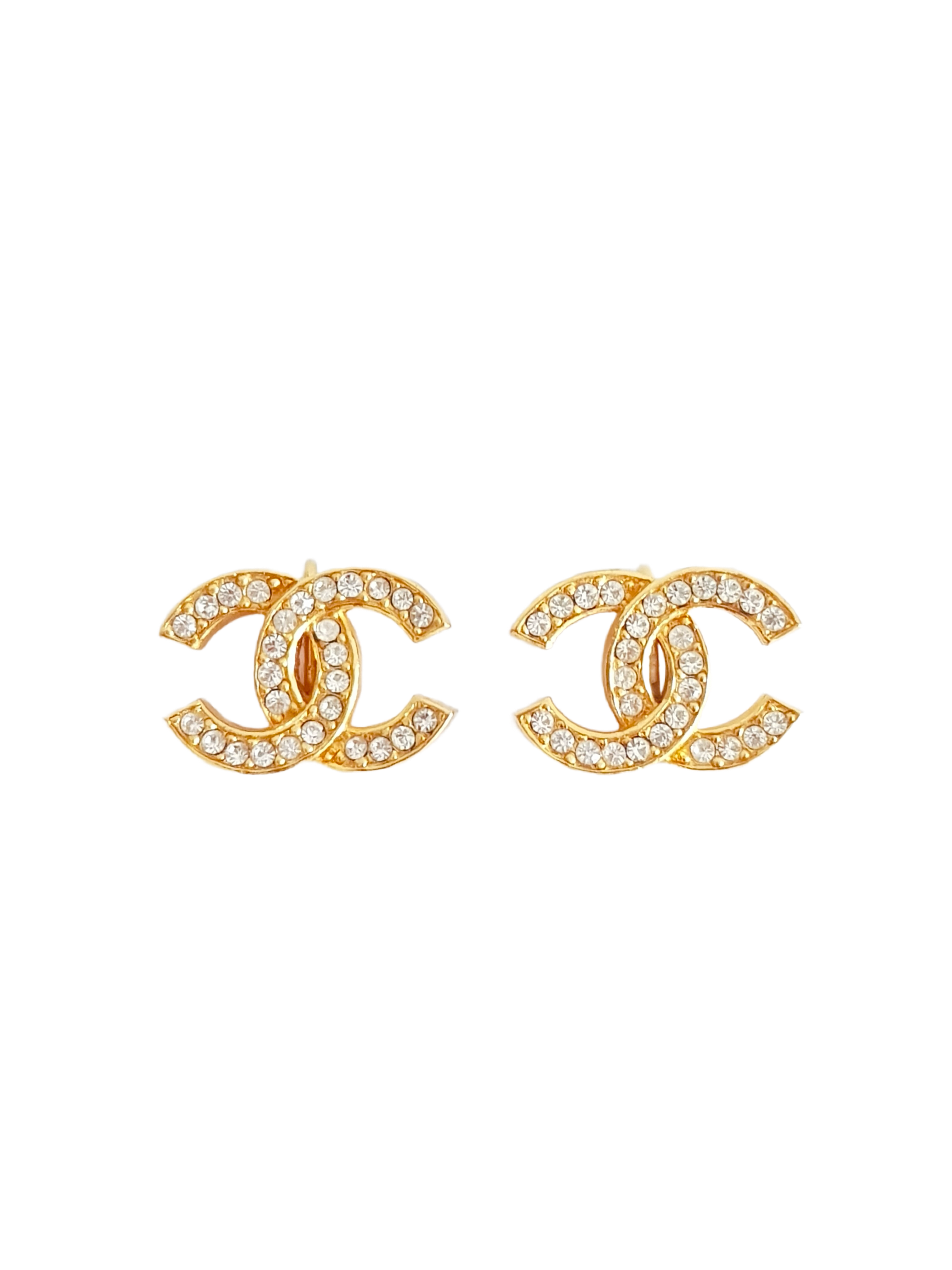 CHANEL 1980'S GOLD PLATED CC LOGO RHINESTONE CRYSTAL CLIP-ON EARRINGS