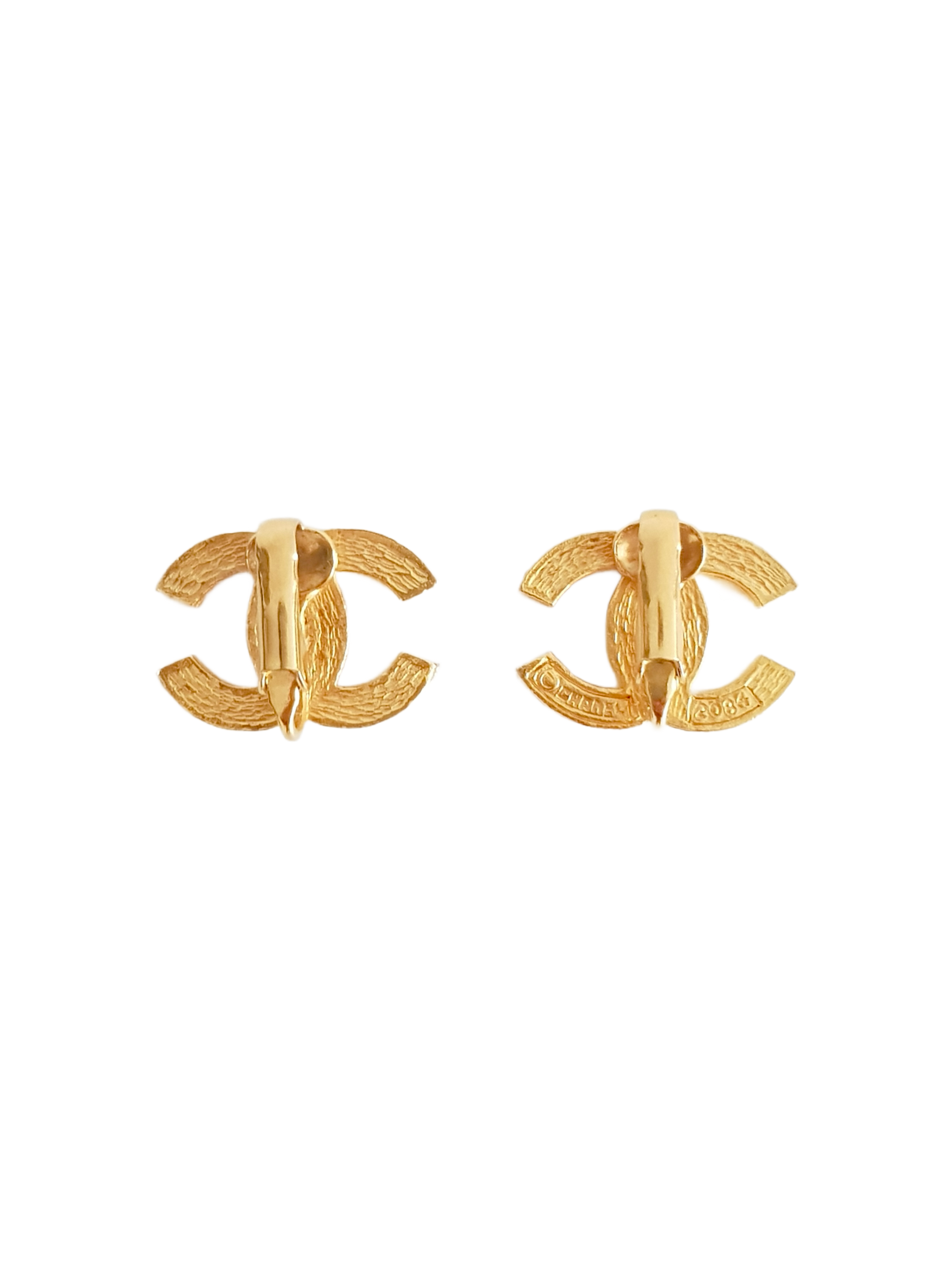 CHANEL 1980'S GOLD PLATED CC LOGO RHINESTONE CRYSTAL CLIP-ON EARRINGS
