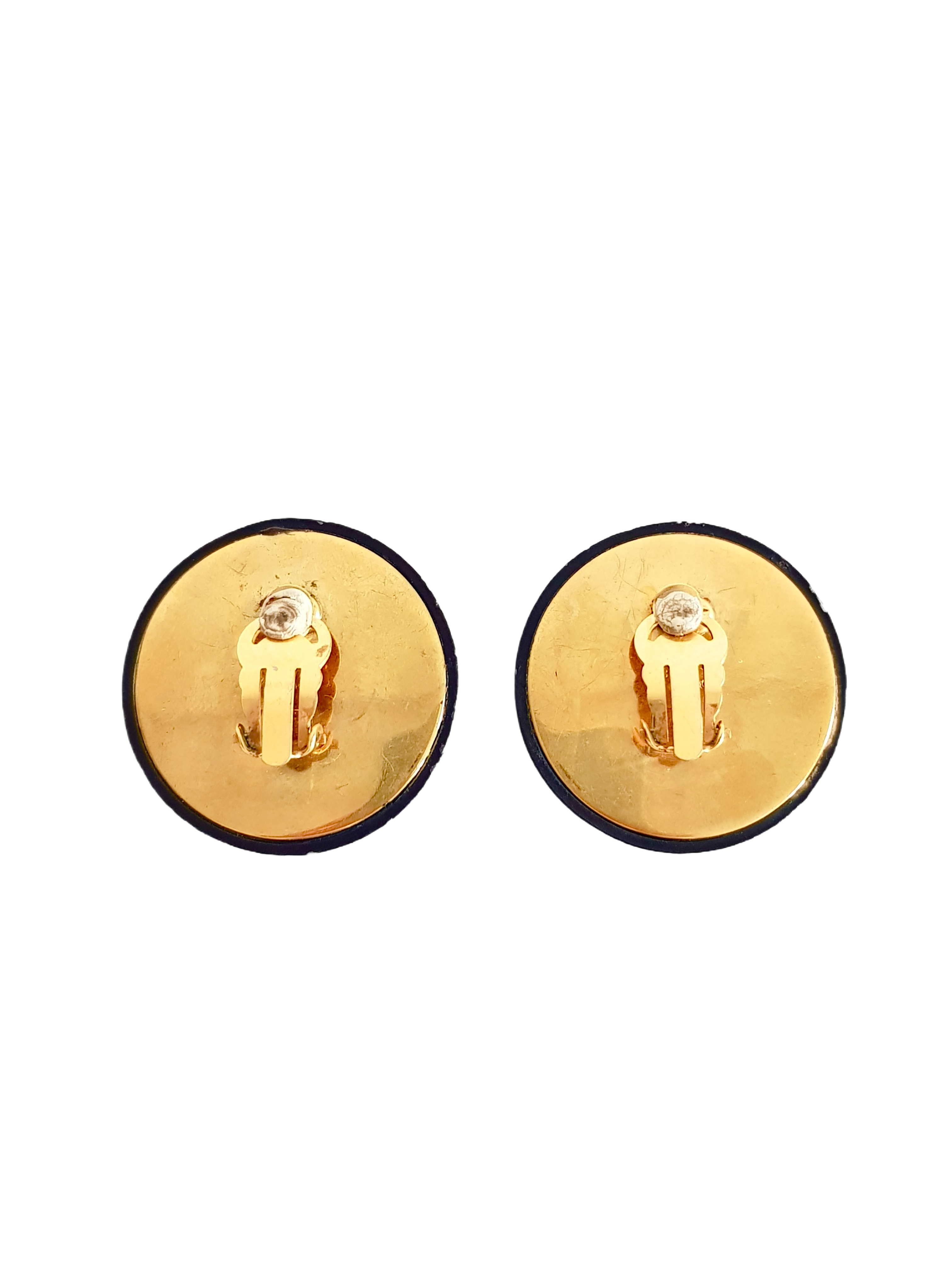 CHANEL FALL/WINTER 1993 (93A) BLACK METAL GOLD PLATED CC LOGO ROUND CLIP-ON EARRINGS