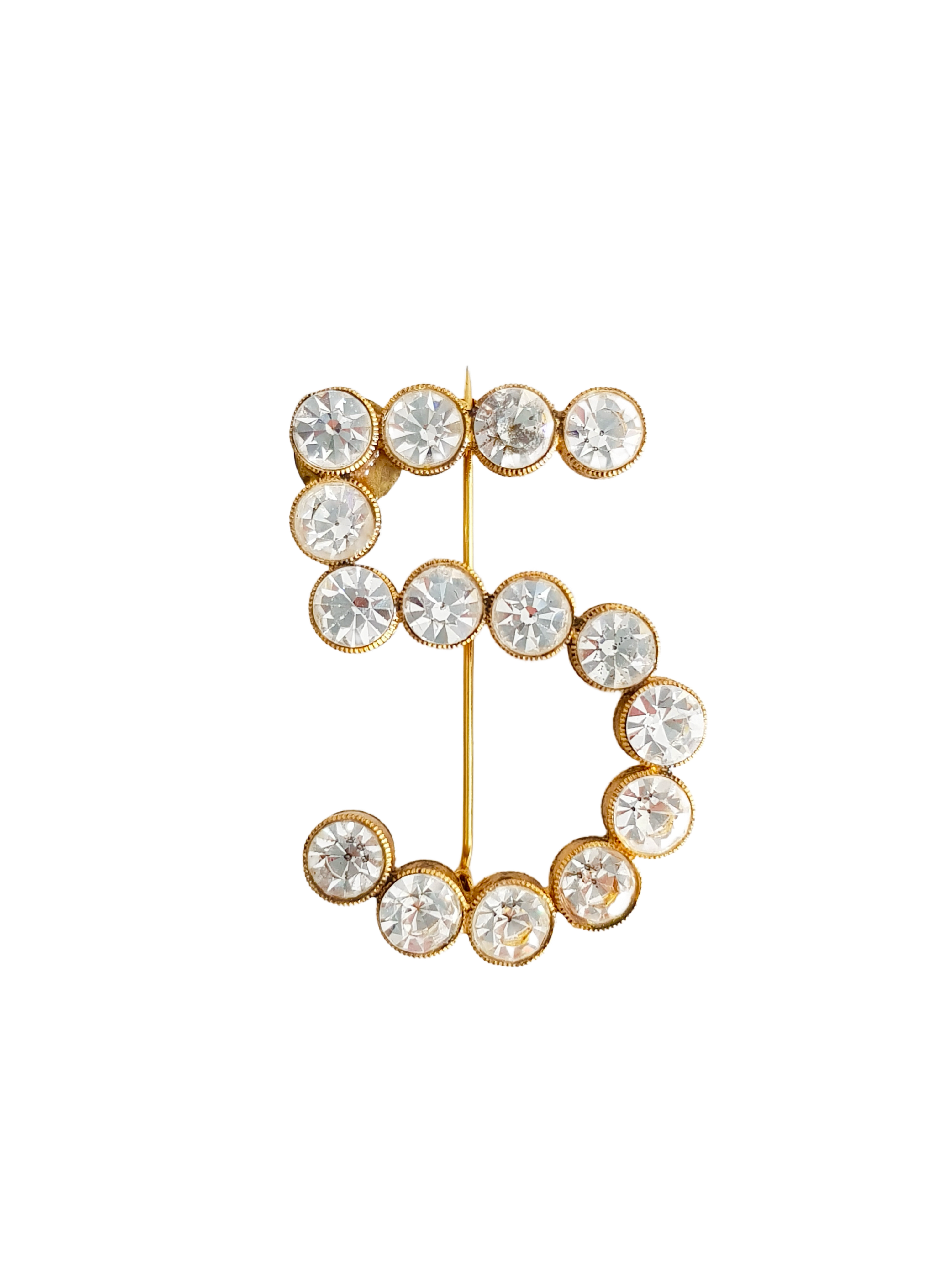 CHANEL SPRING / SUMMER 1983 GOLD PLATED CRYSTAL RHINESTONE NO.5 PIN BROOCH