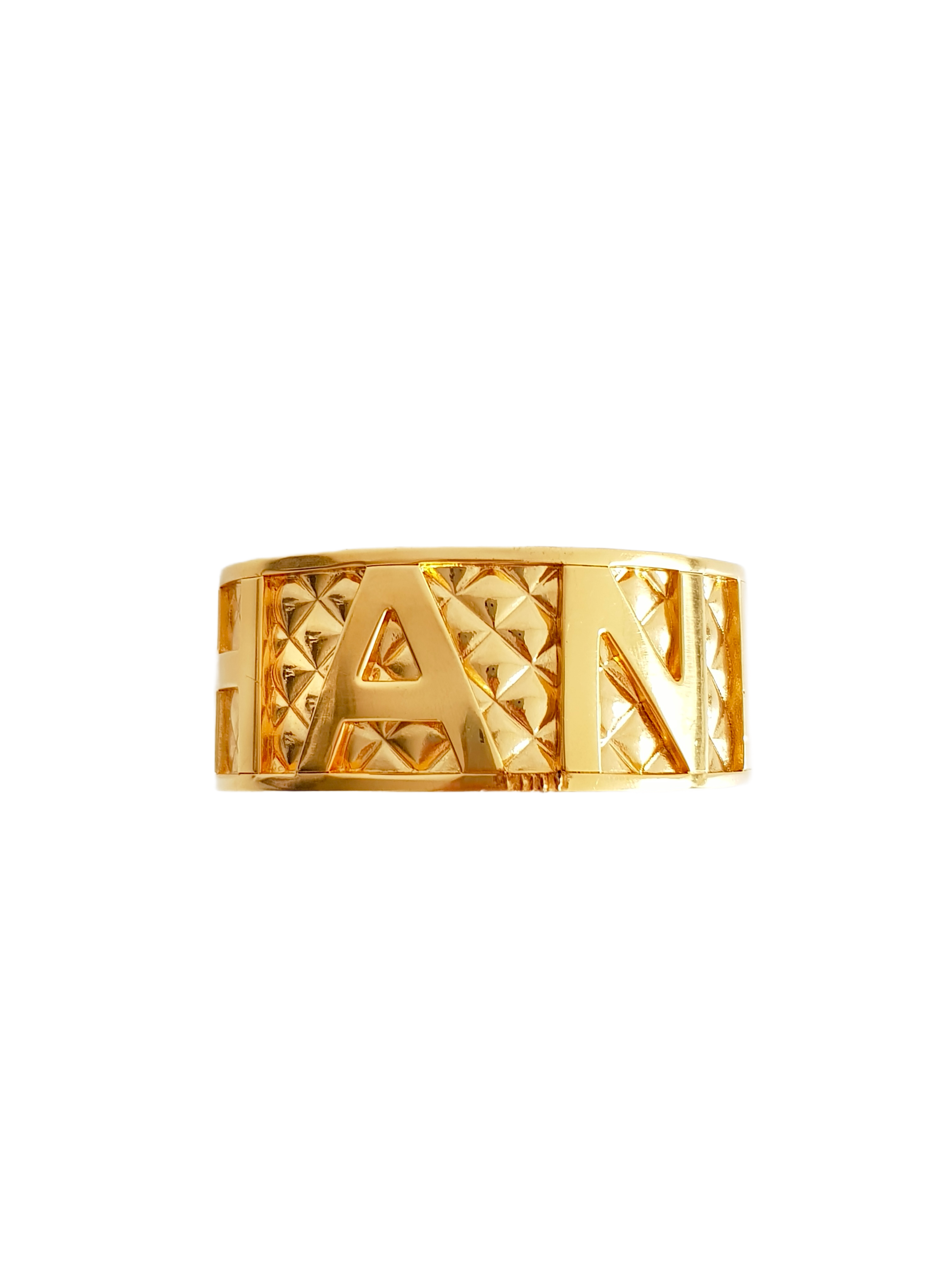 CHANEL SPRING / SUMMER 1997 (97P)  GOLD PLATED QUILTED SPELLOUT LOGO CUFF BRACELET
