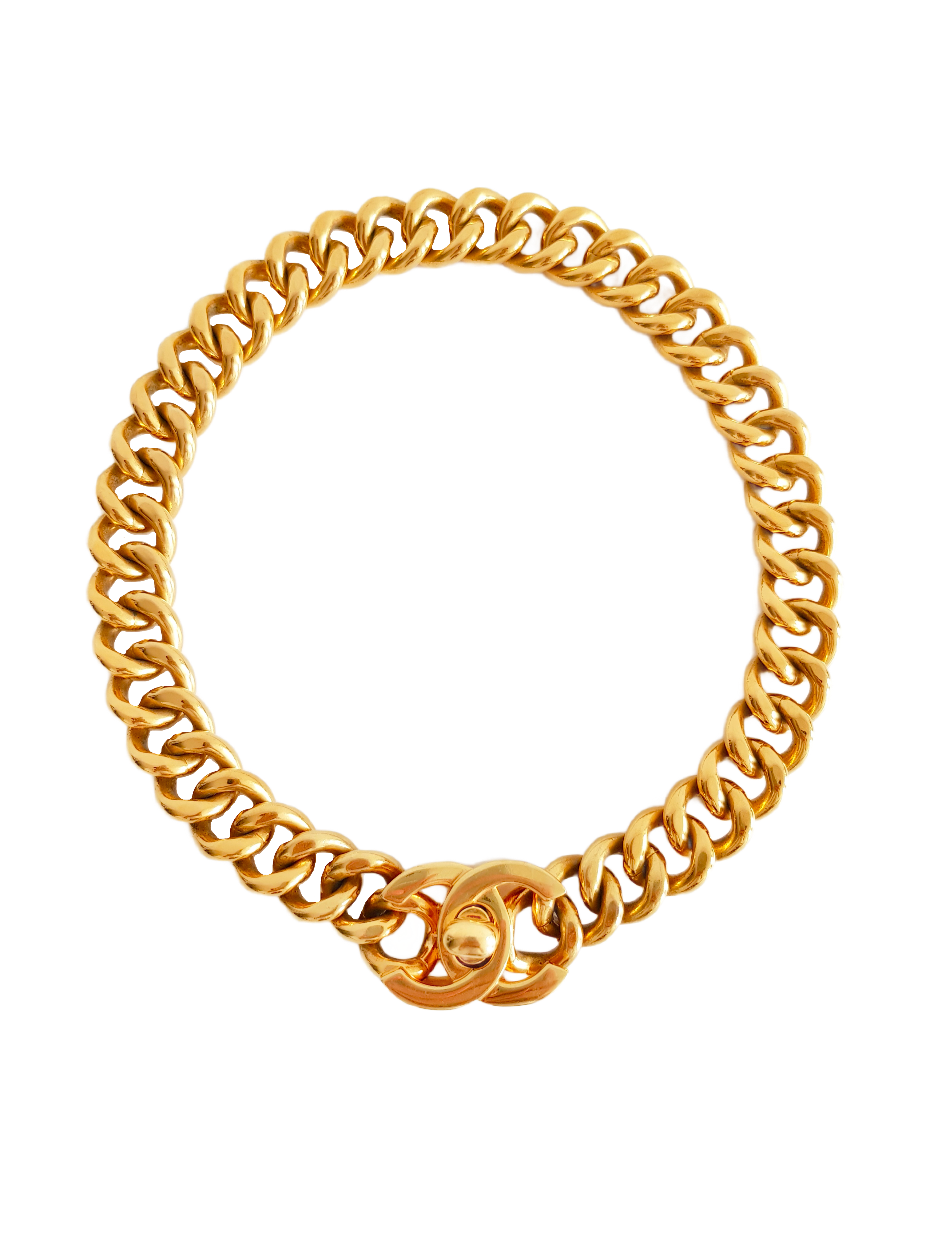 CHANEL SPRING / SUMMER 1996 GOLD PLATED CC LOGO TURNLOCK CHUNKY CHAIN LINK CHOKER