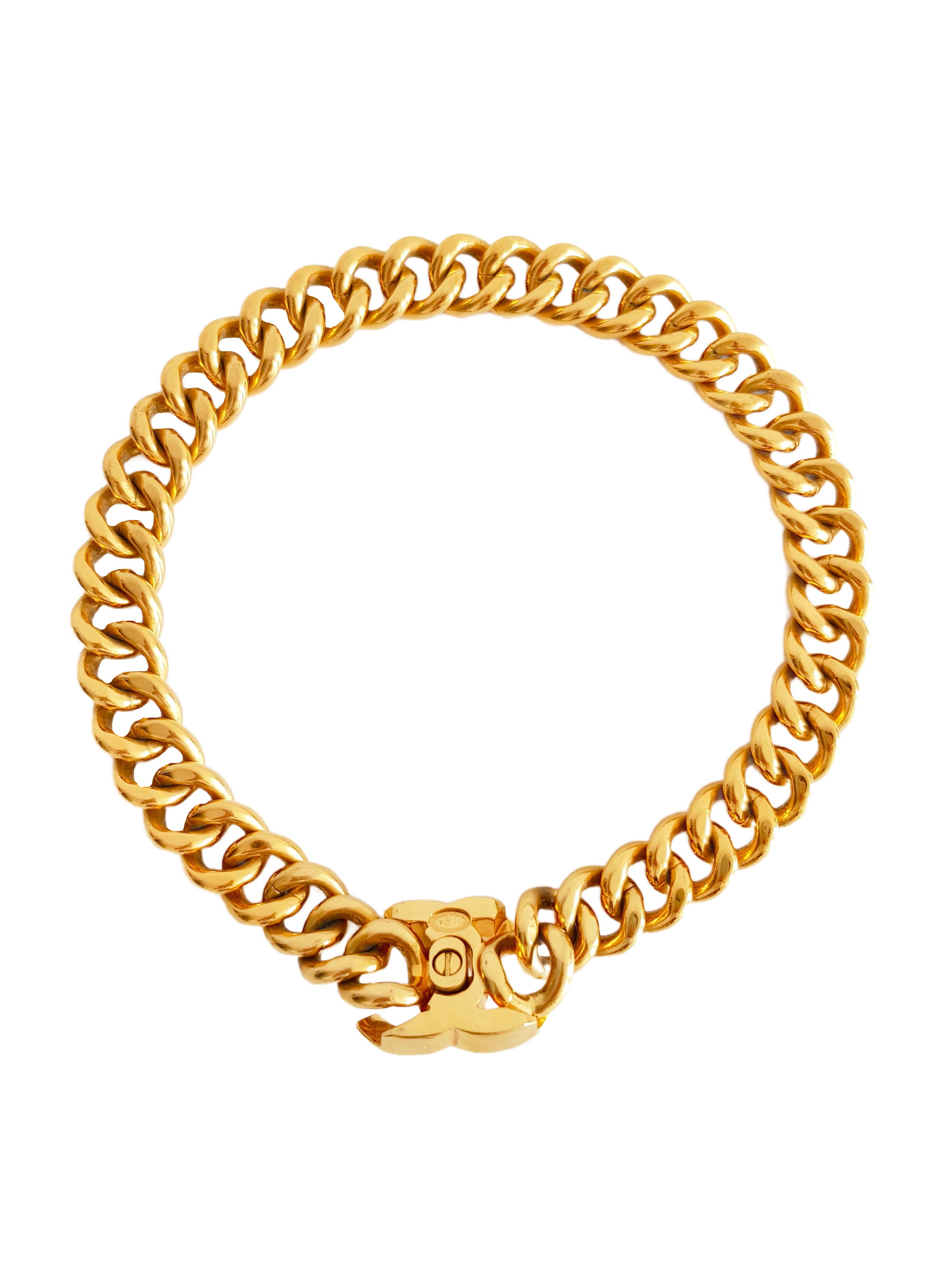 CHANEL SPRING / SUMMER 1996 GOLD PLATED CC LOGO TURNLOCK CHUNKY CHAIN LINK CHOKER