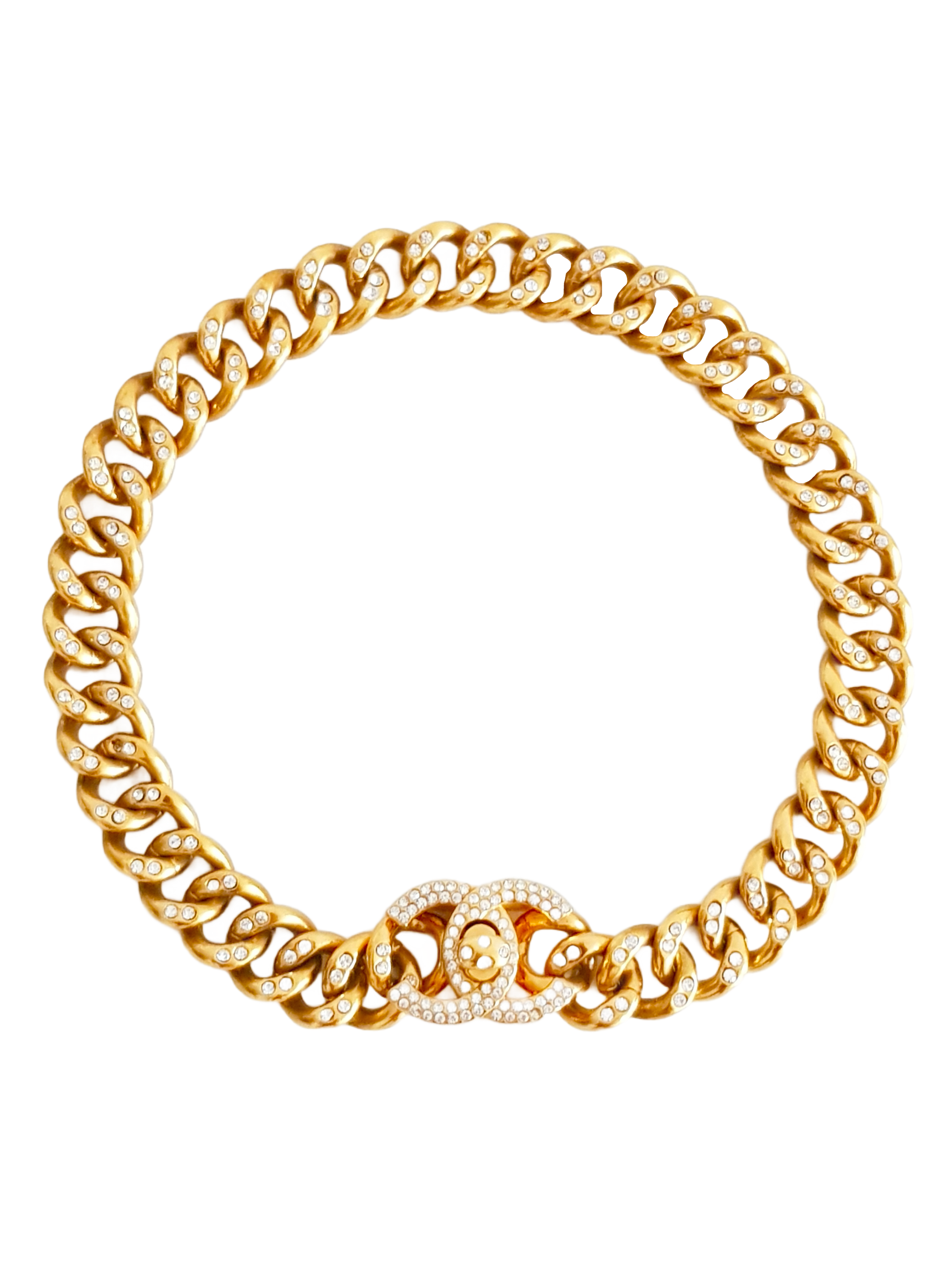 CHANEL FALL / WINTER 1996 (96A) GOLD PLATED CRYSTAL RHINESTONE EXCRUSTED CC LOGO TURNLOCK CHUNKY CHAIN LINK CHOKER