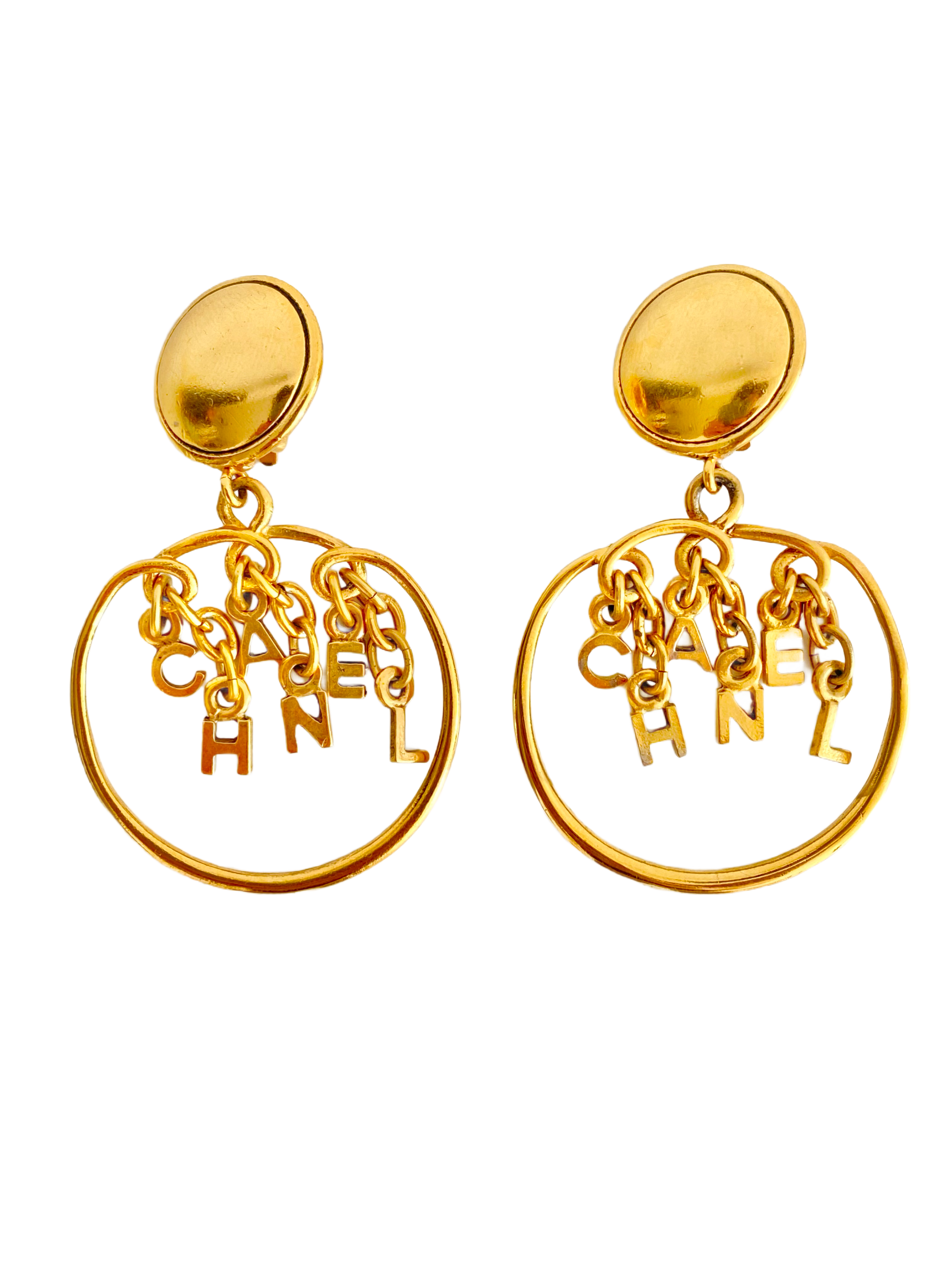 CHANEL 1990'S GOLD PLATED LOGO SPELLOUT HOOP EARRINGS