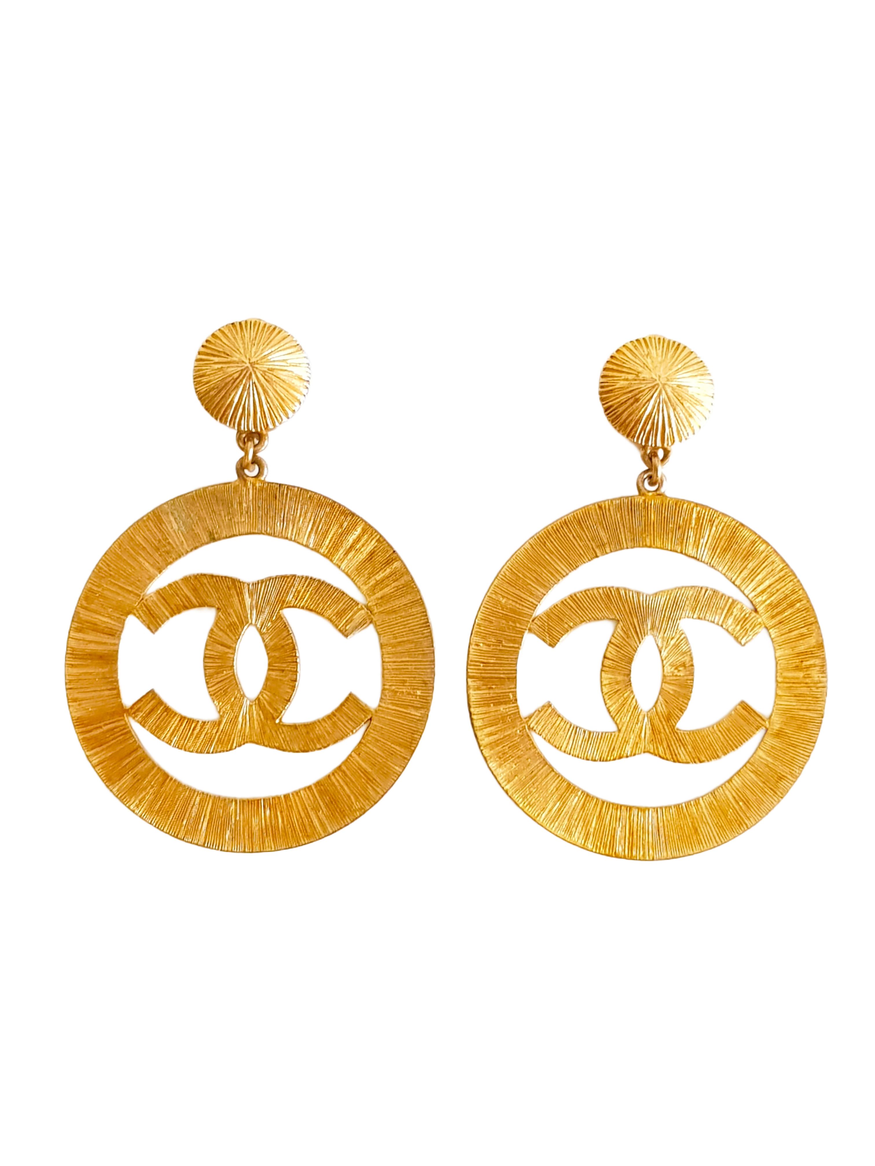 CHANEL FALL / WINTER 1993 (93A) GOLD PLATED CC LOGO XL SUNBURST CLIP-ON HOOP EARRINGS