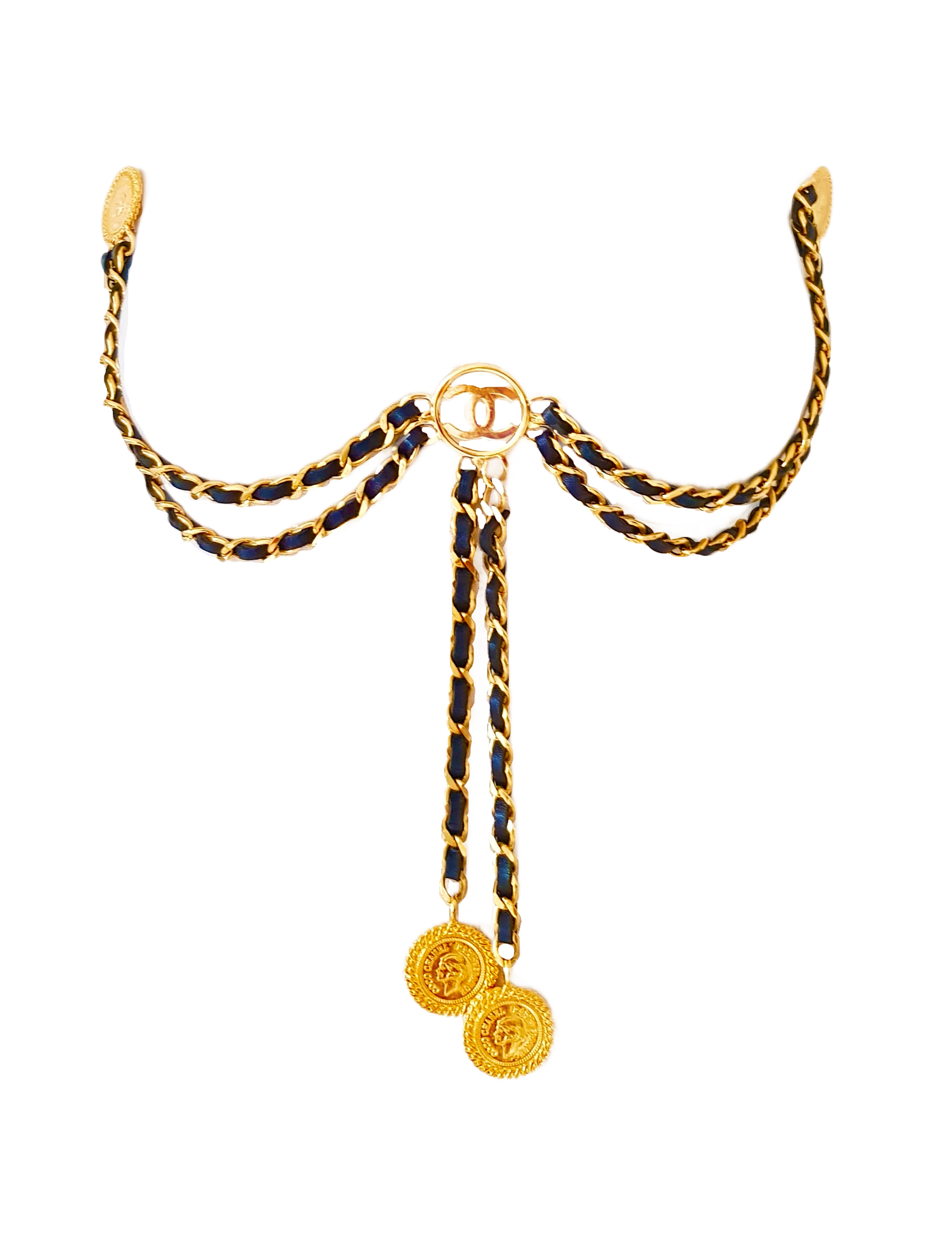 CHANEL SPRING / SUMMER 1992 (COLLECTION 28) GOLD PLATED CC LOGO BLACK ENTWINED LEATHER MEDALLION CHEST BROOCH