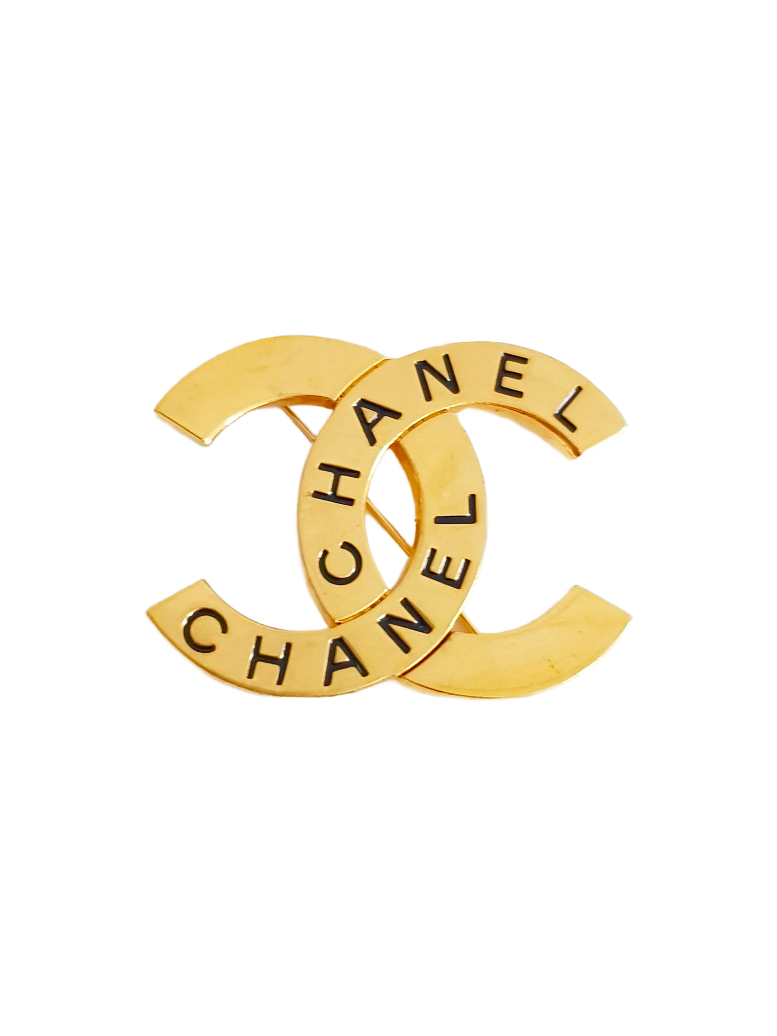 CHANEL SPRING / SUMMER 1998 (98P) GOLD PLATED CC SPELLOUT LOGO BROOCH