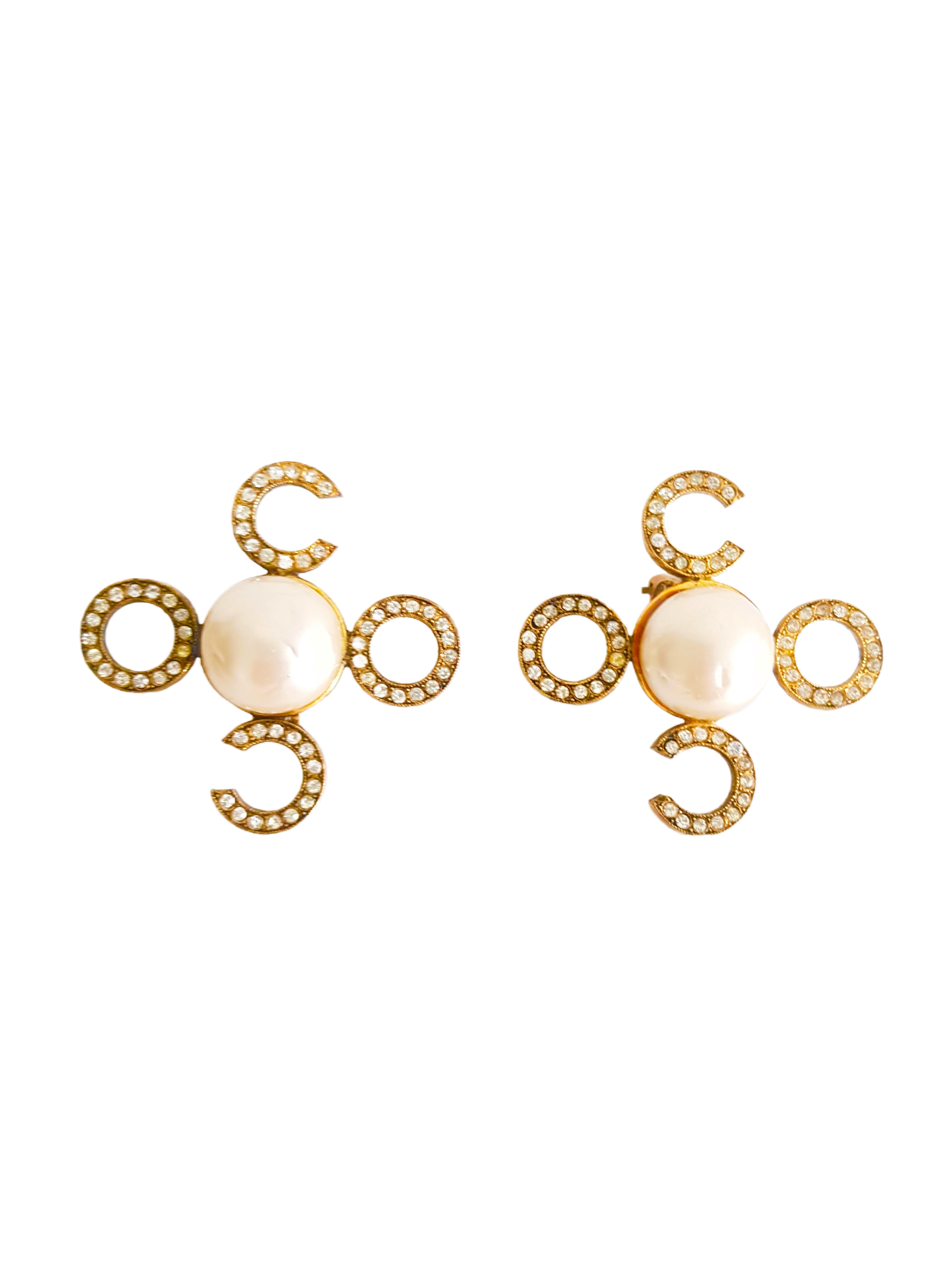 CHANEL 1980'S GOLD PLATED PEARL CRYSTAL RHINESTONE COCO HAUTE COUTURE EARRINGS