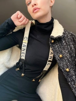 CHANEL FALL / WINTER 1994 BEIGE CANVAS BLACK SPELLOUT LOGO SUSPENDERS