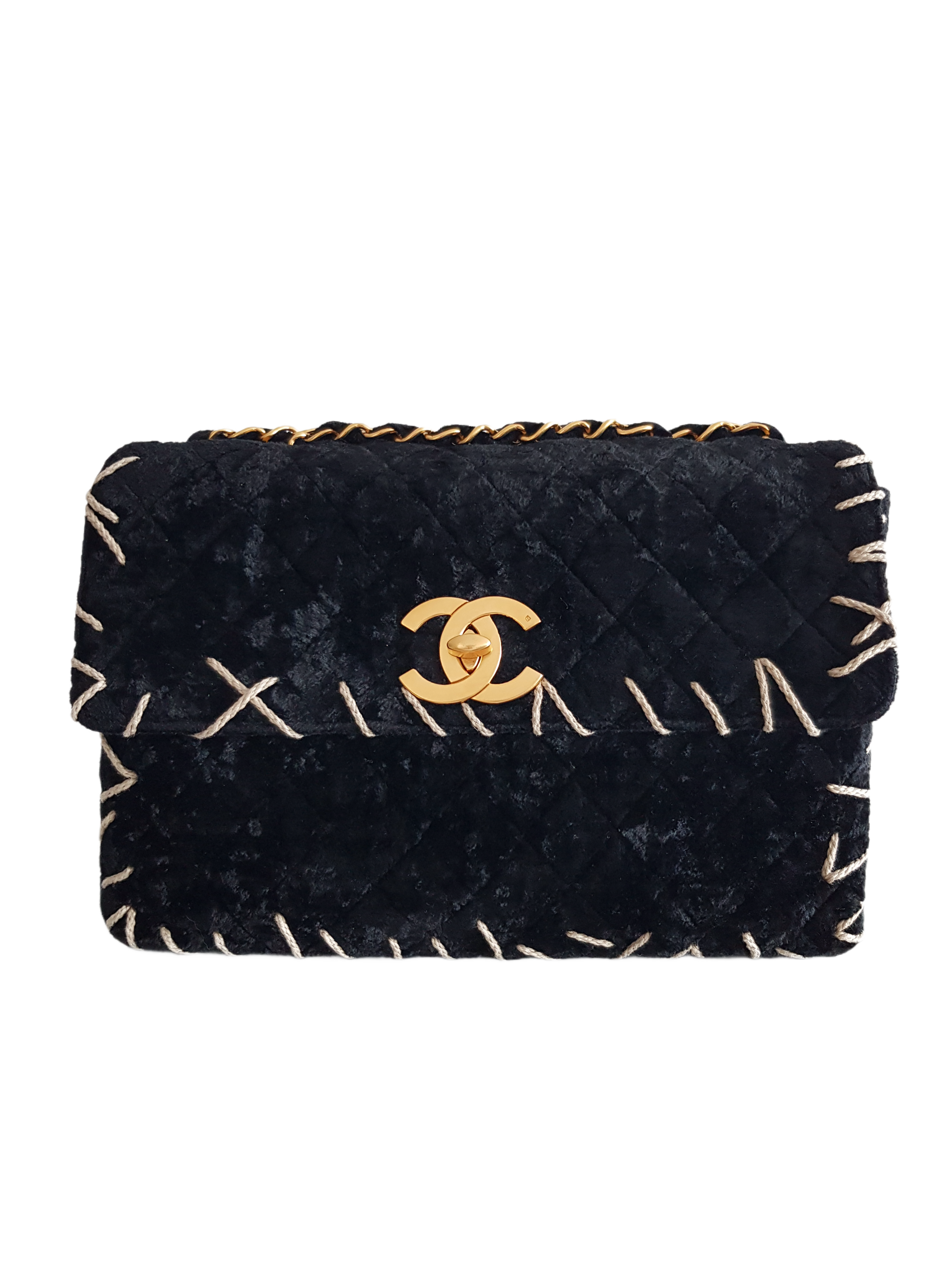 CHANEL FALL / WINTER 1993 (2 SERIES) BLACK BRUSHED VELOURS CC LOGO TURNLOCK JUMBO BAG