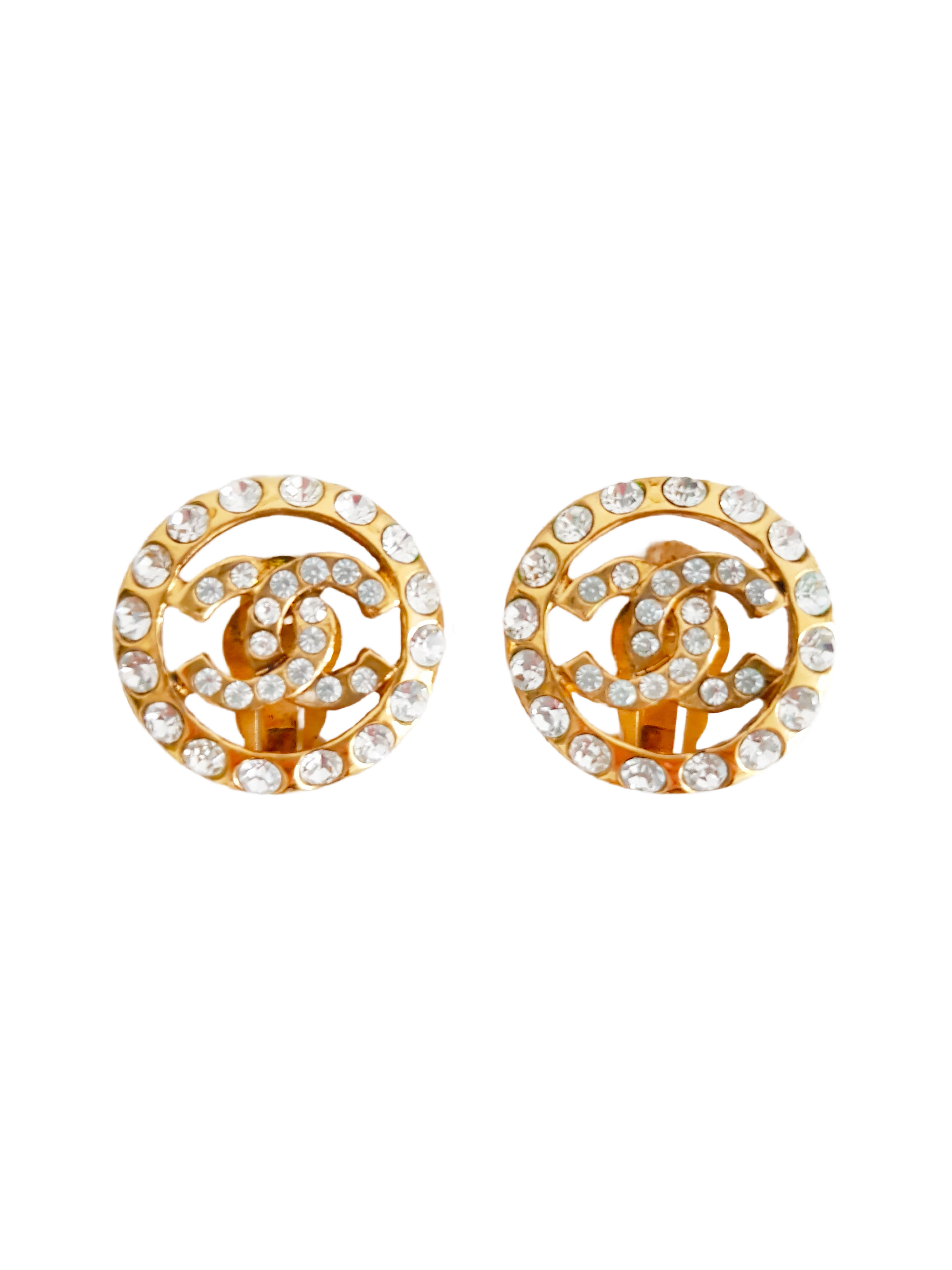 CHANEL 1988 (COLLECTION 23) GOLD PLATED CC LOGO CRYSTAL RHINESTONE ROUND CLIP-ON EARRINGS