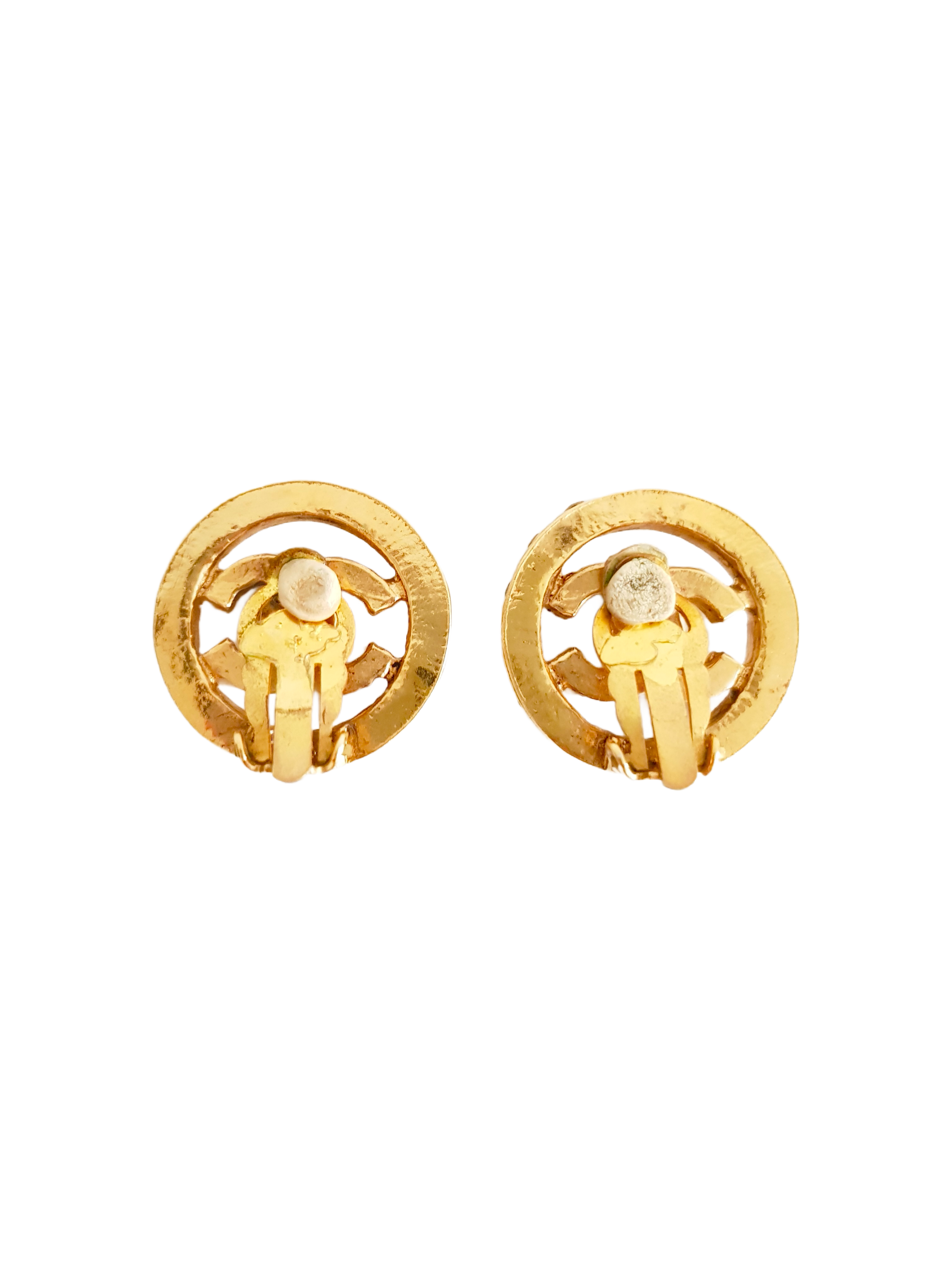 CHANEL 1988 (COLLECTION 23) GOLD PLATED CC LOGO CRYSTAL RHINESTONE ROUND CLIP-ON EARRINGS