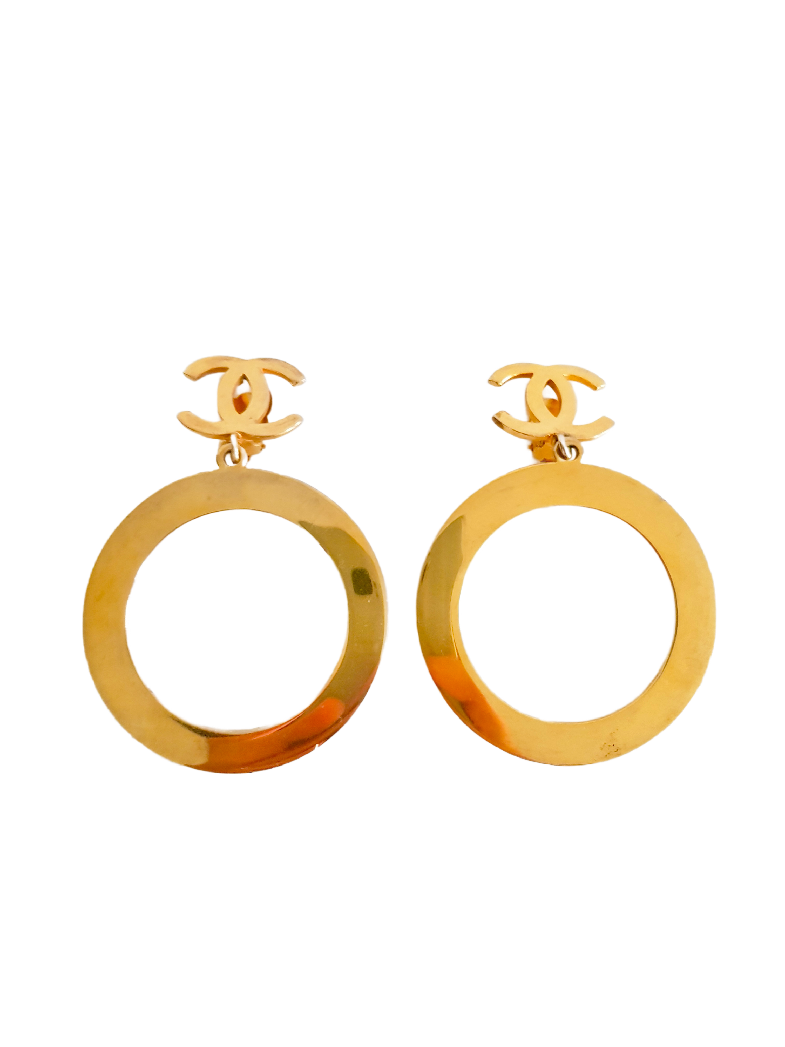 CHANEL 1990'S GOLD PLATED CC LOGO XL CLIP-ON HOOP EARRINGS