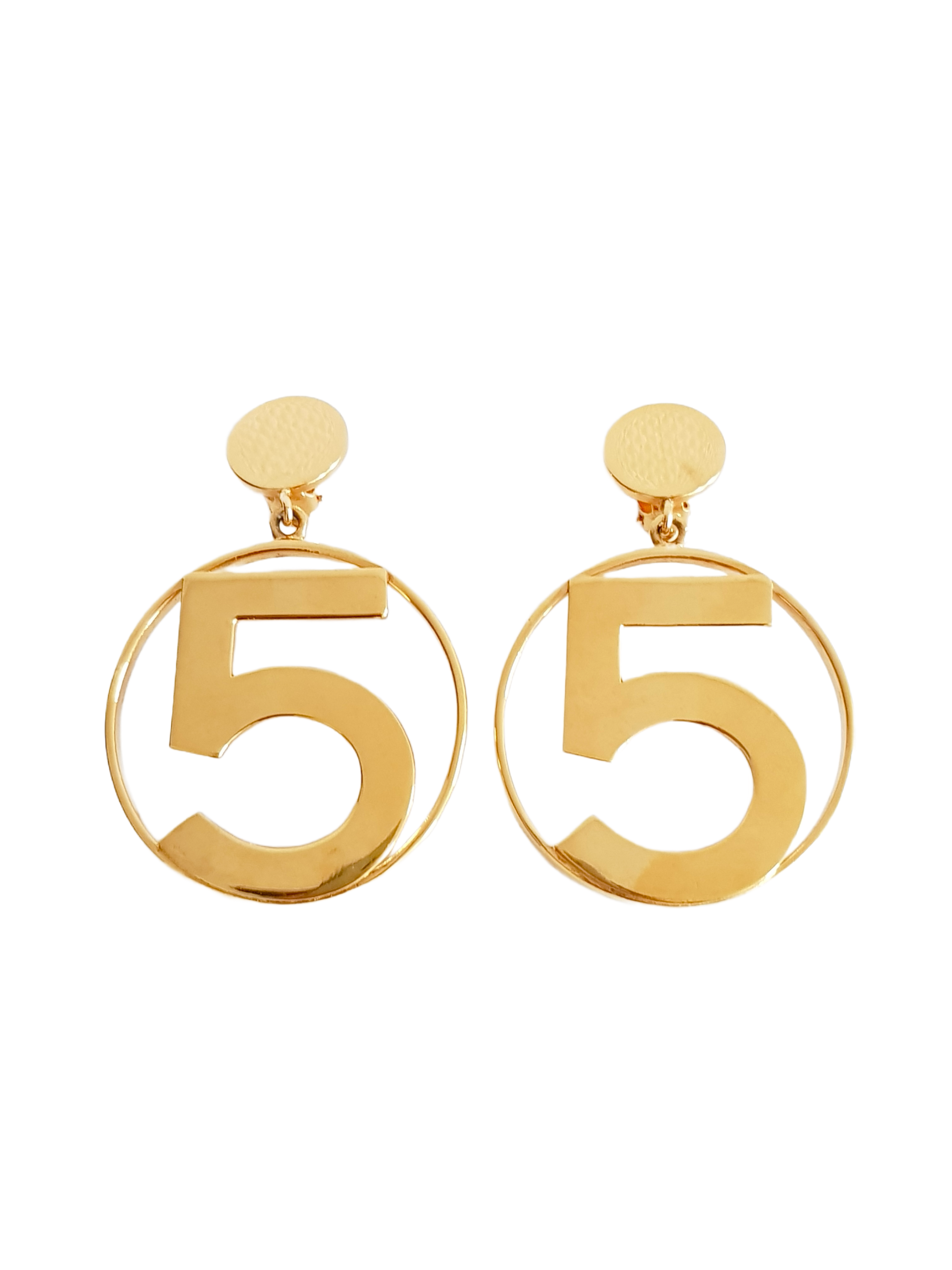 CHANEL SPRING / SUMMER 1986 GOLD PLATED NO. 5 XL CLIP-ON HOOP EARRINGS