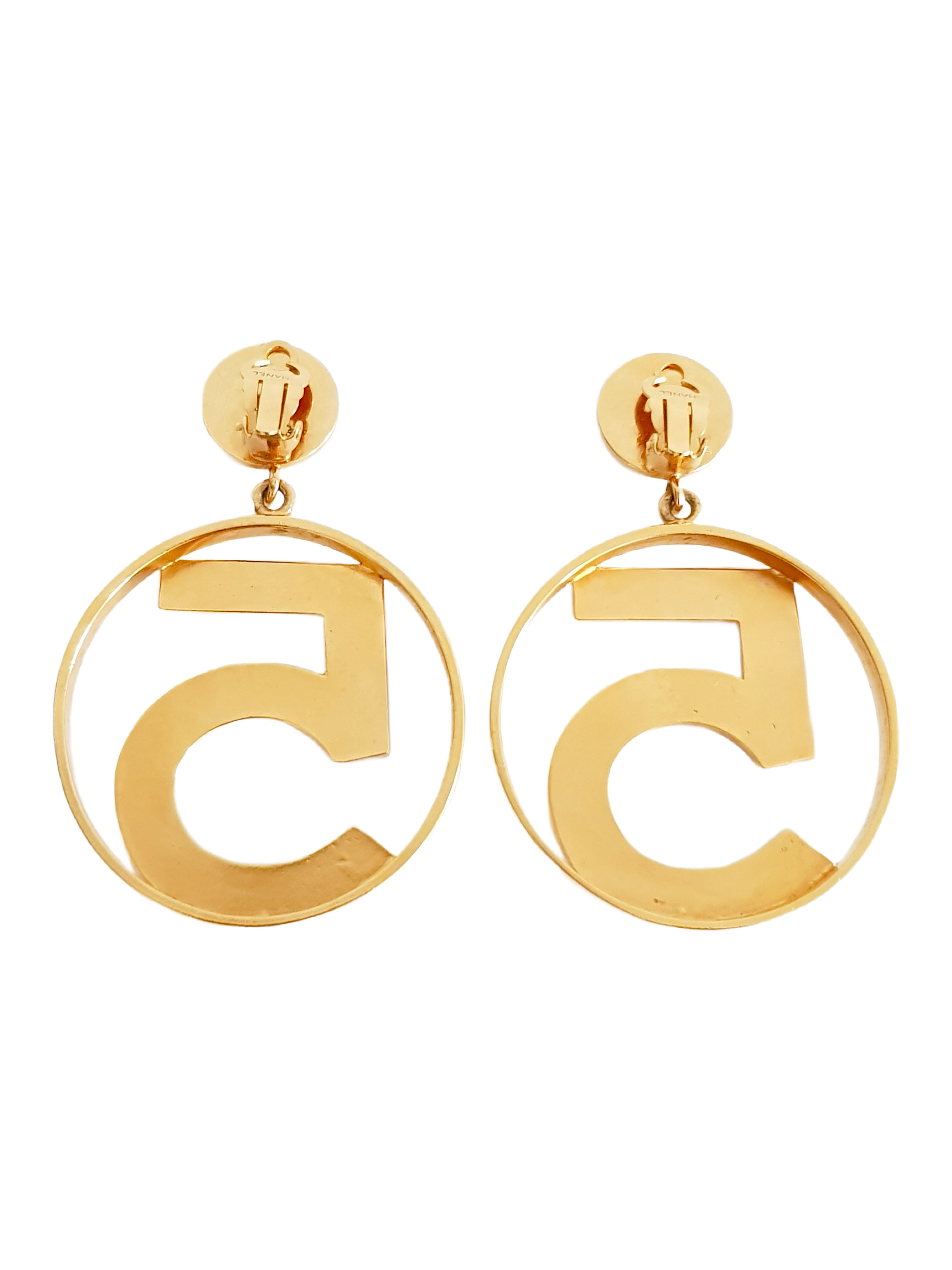 CHANEL SPRING / SUMMER 1986 GOLD PLATED NO. 5 XL CLIP-ON HOOP EARRINGS