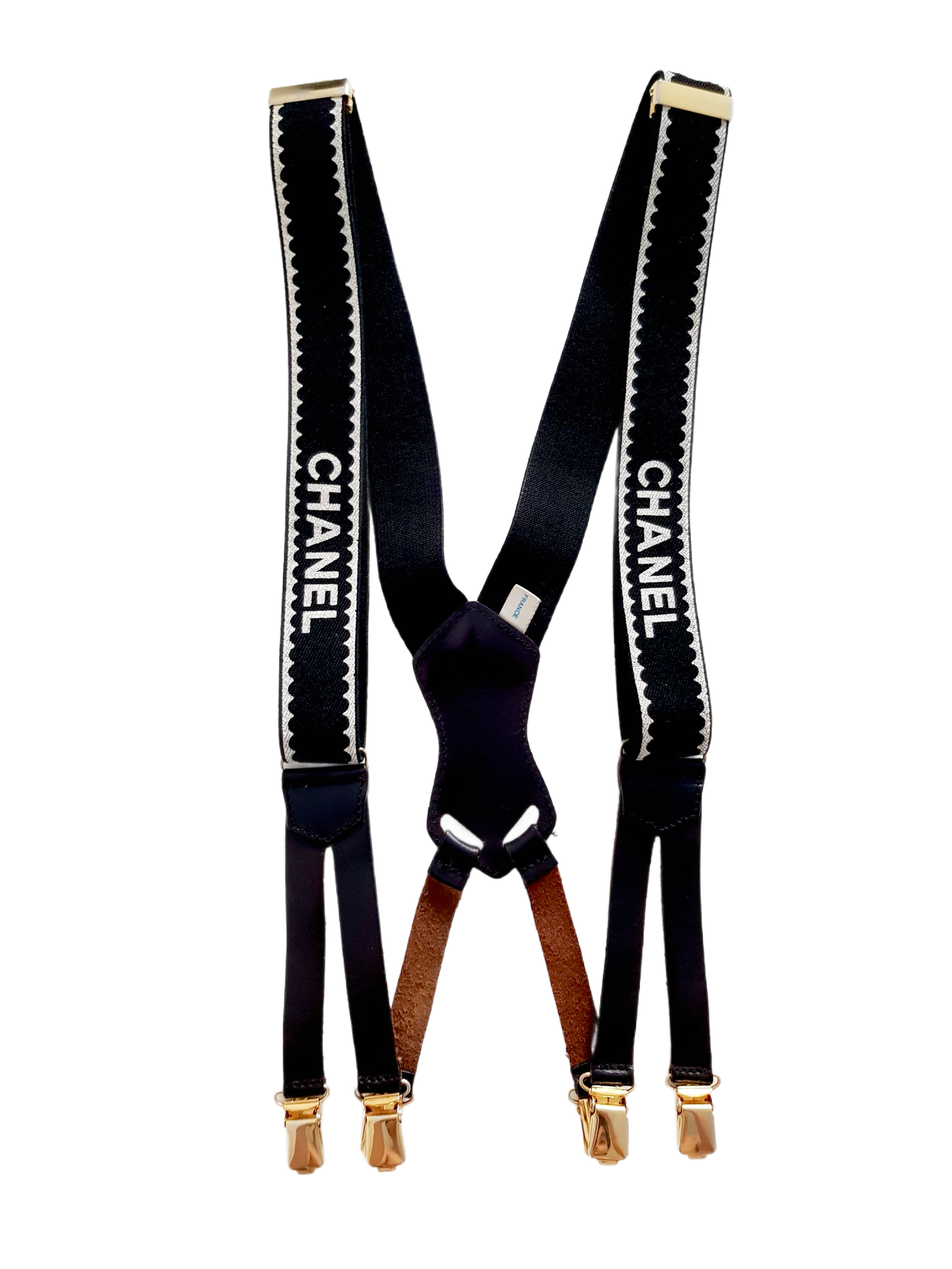 CHANEL FALL / WINTER 1994 BLACK CANVAS WHITE SPELLOUT LOGO SUSPENDERS