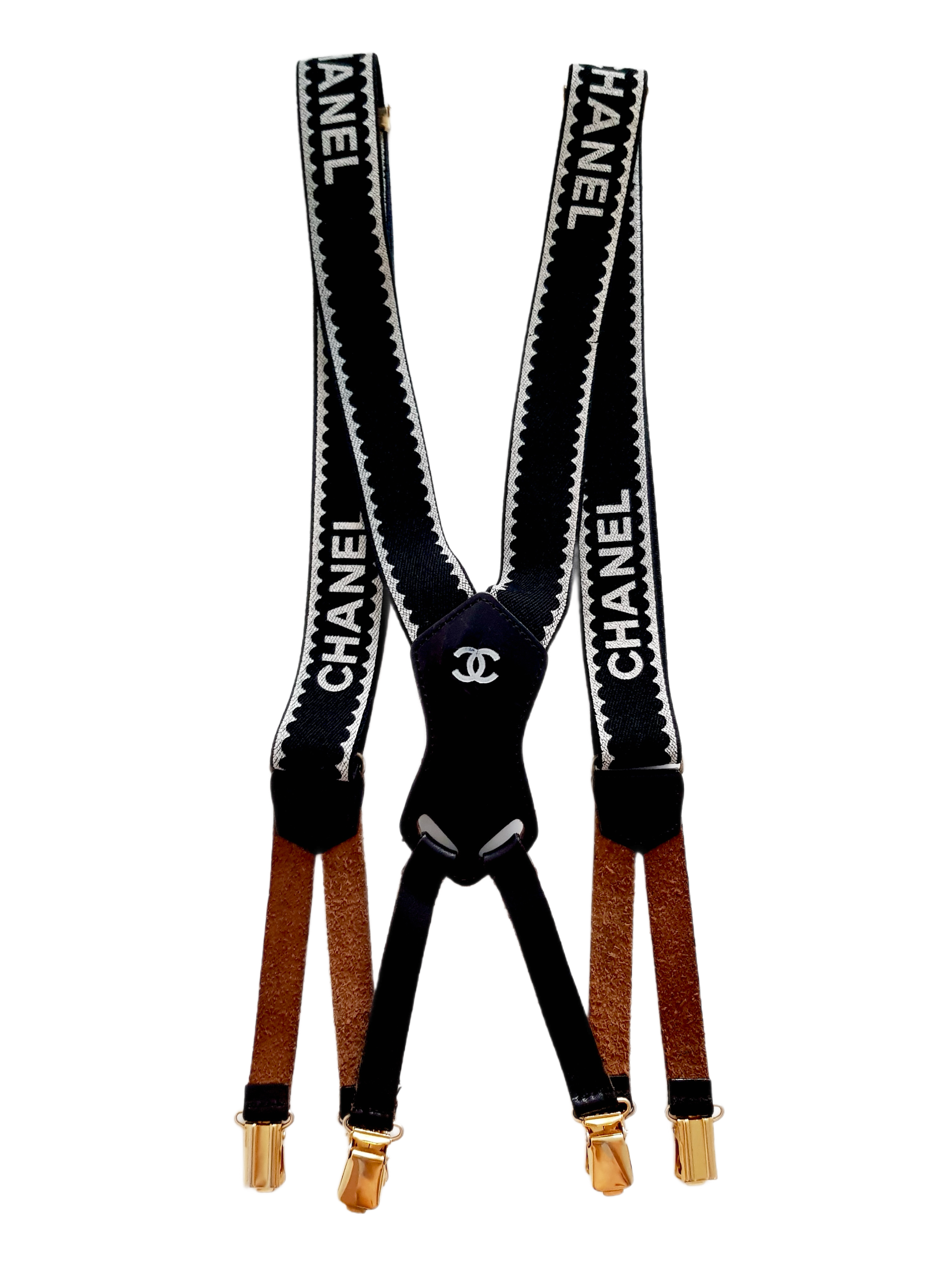 CHANEL FALL / WINTER 1994 BLACK CANVAS WHITE SPELLOUT LOGO SUSPENDERS