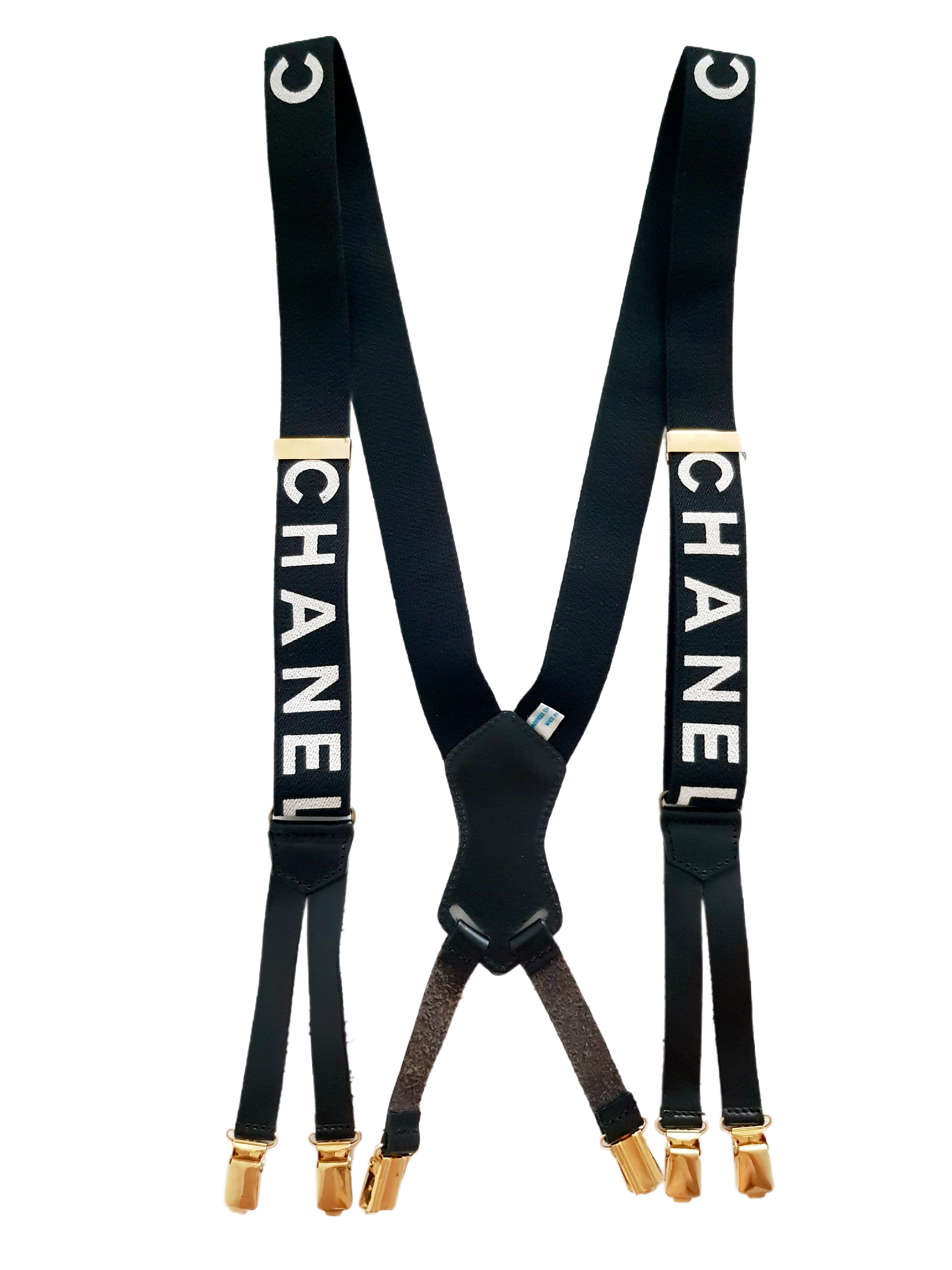 CHANEL SPRING/SUMMER 1997 BLACK CANVAS WHITE SPELLOUT LOGO SUSPENDERS