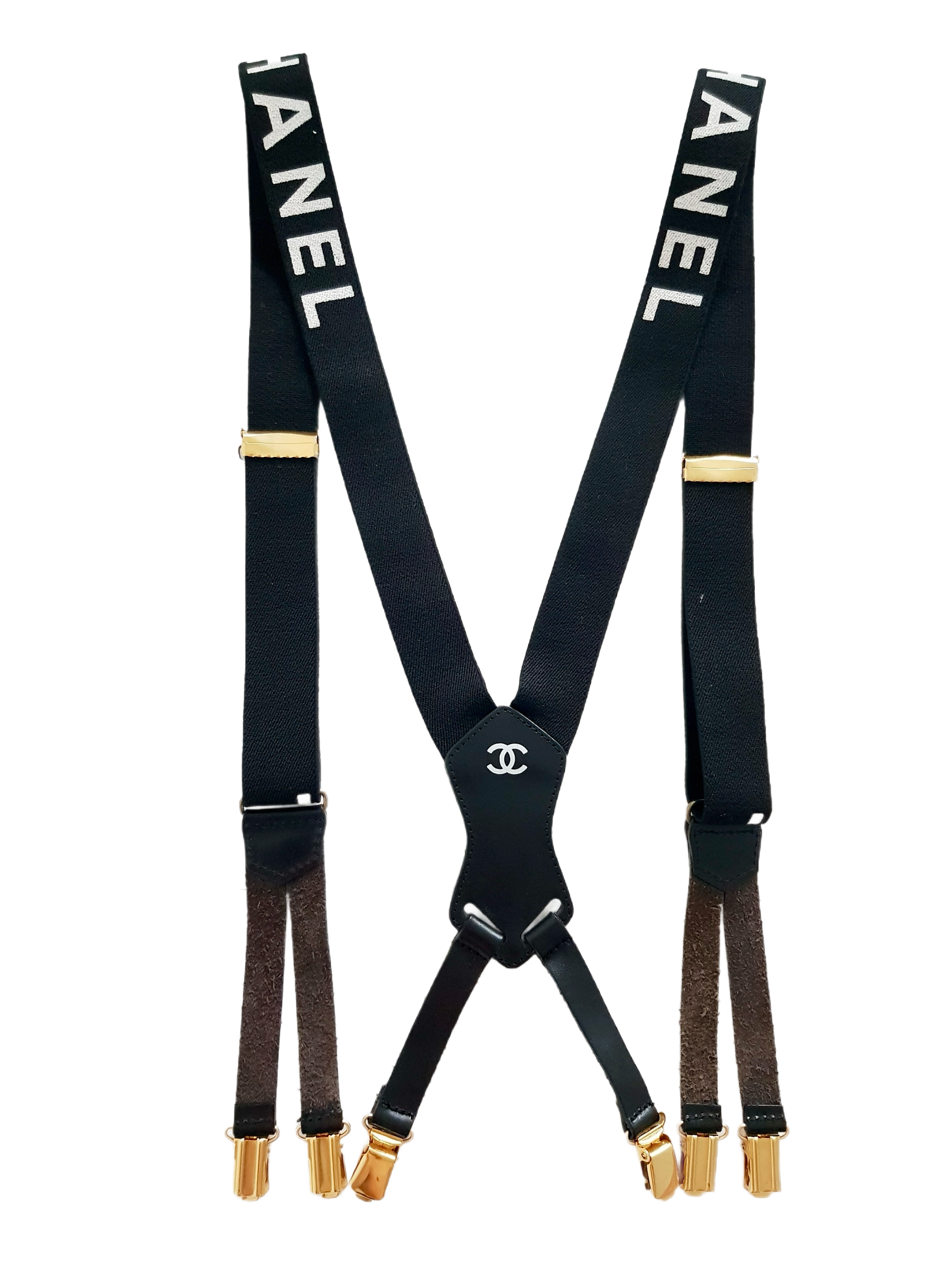 CHANEL SPRING/SUMMER 1997 BLACK CANVAS WHITE SPELLOUT LOGO SUSPENDERS