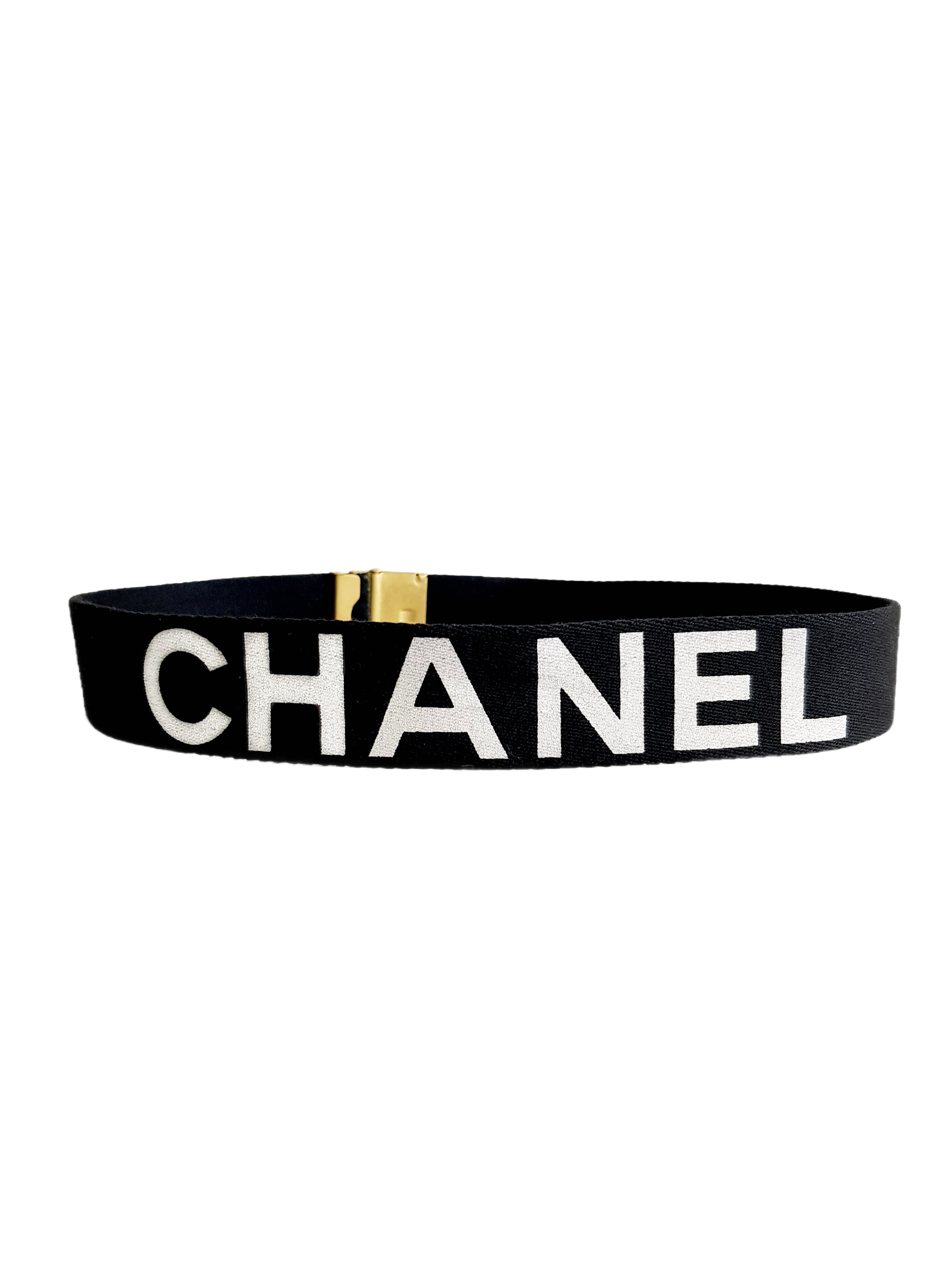 CHANEL FALL / WINTER 1994 (94A) BLACK CANVAS WHITE SPELLOUT LOGO BRASS BUCKLE BELT