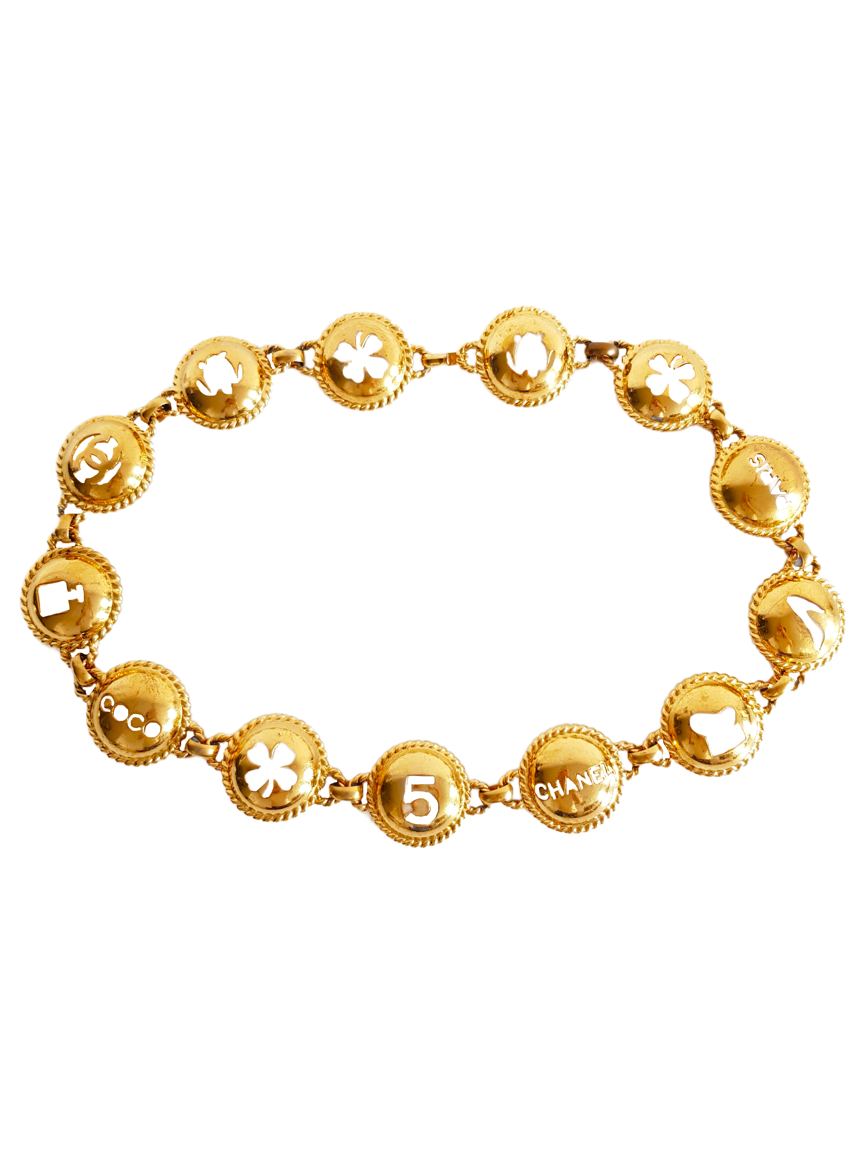 CHANEL SPRING / SUMMER 1997 (97P) GOLD PLATED NO. 5 CC LOGO LUCKY CHARMS BELT